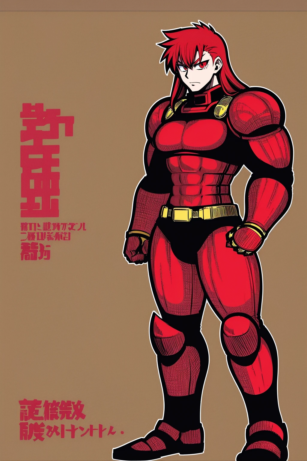 ,, red hair,sentai armor, superhero, metal hero, standing, solo focus, living hair, long hair,mature male,flatchest