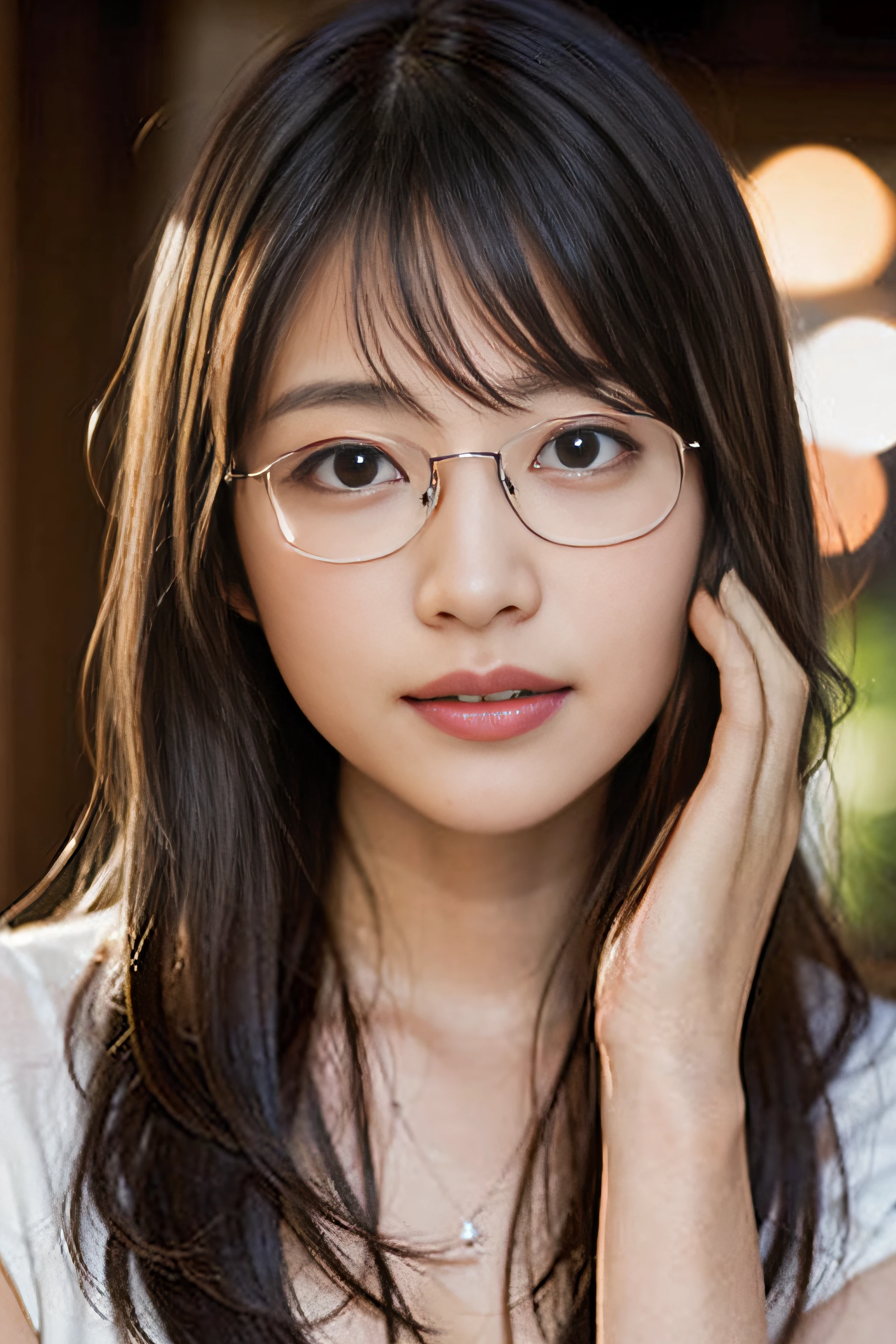 (8K、Raw photo、Highest quality、masterpiece:1.2)、(Realistic、Photorealistic:1.37)、Ultra-detailed、Ultra-high resolution、1 girl、29-year-old、Seeing the viewer、Beautifully detailed face、smile、narrow、(Slim waist) :1.3)、Beautifully detailed skin、Skin Texture、Floating Hair、Tie your hair together、(one piece:1.4)、Professional Lighting、Autumn Afternoon、 front of the house、(((Black square glasses )))、Human whole body、Black Hair、((Embarrassing appearance))、