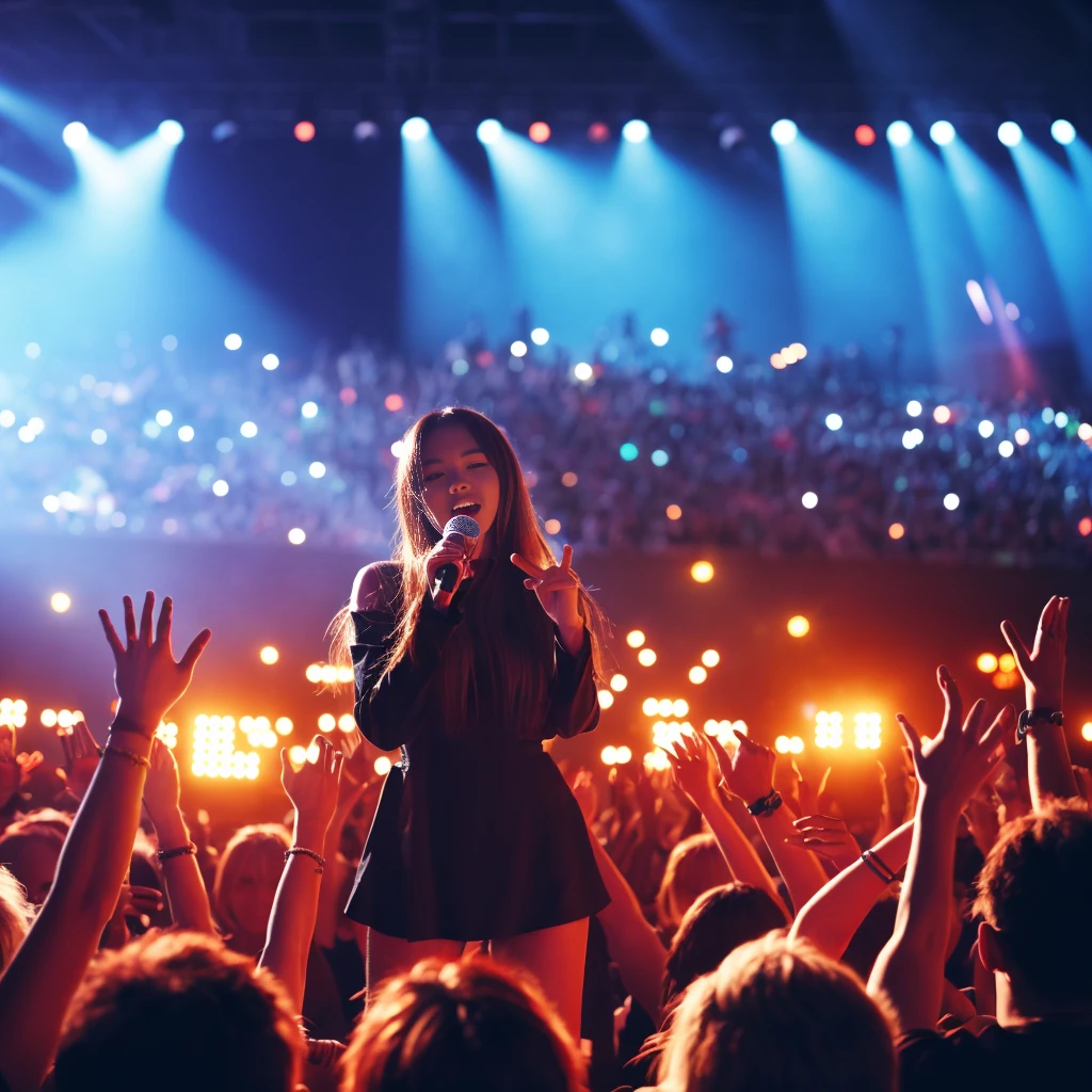 Kpop idols performing on stage, black short tight dresses, song performance, K-pop girl group, riotous atmosphere, stage above the hall, (best quality, 8k, 16k, highres, masterpiece:1.2), ultra-detailed, (realistic, photorealistic, photo-realistic:1.37), professional, (music:1.1, performance:1.1), dynamic lighting, (moving lights:1.1, spotlights:1.1), energetic performance, powerful vocals, enthusiastic audience, dazzling stage effects, high-energy atmosphere, (excitement, adrenaline:1.1), charismatic lead vocalist, flawless stage presence, passionate performance, vibrant stage background, (cheering audience:1.1, waving light sticks:1.1), electrifying atmosphere, captivating stage presence, (explosive, high-intensity:1.1), (pop music, catchy melodies:1.1), crowd interaction, (empowering lyrics, motivational messages:1.1).