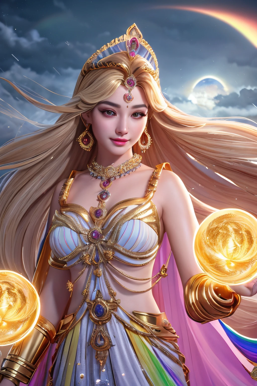 masterpiece,ultra realistic,32k,extremely detailed CG unity 8k wallpaper, best quality,1lady,
pretty girl,goddess,goddess, royal style, gold accessories, royal style, gold accessories, by DC comics ,(🌈,🌕,⛈️,⭐️,✨),((wind)),