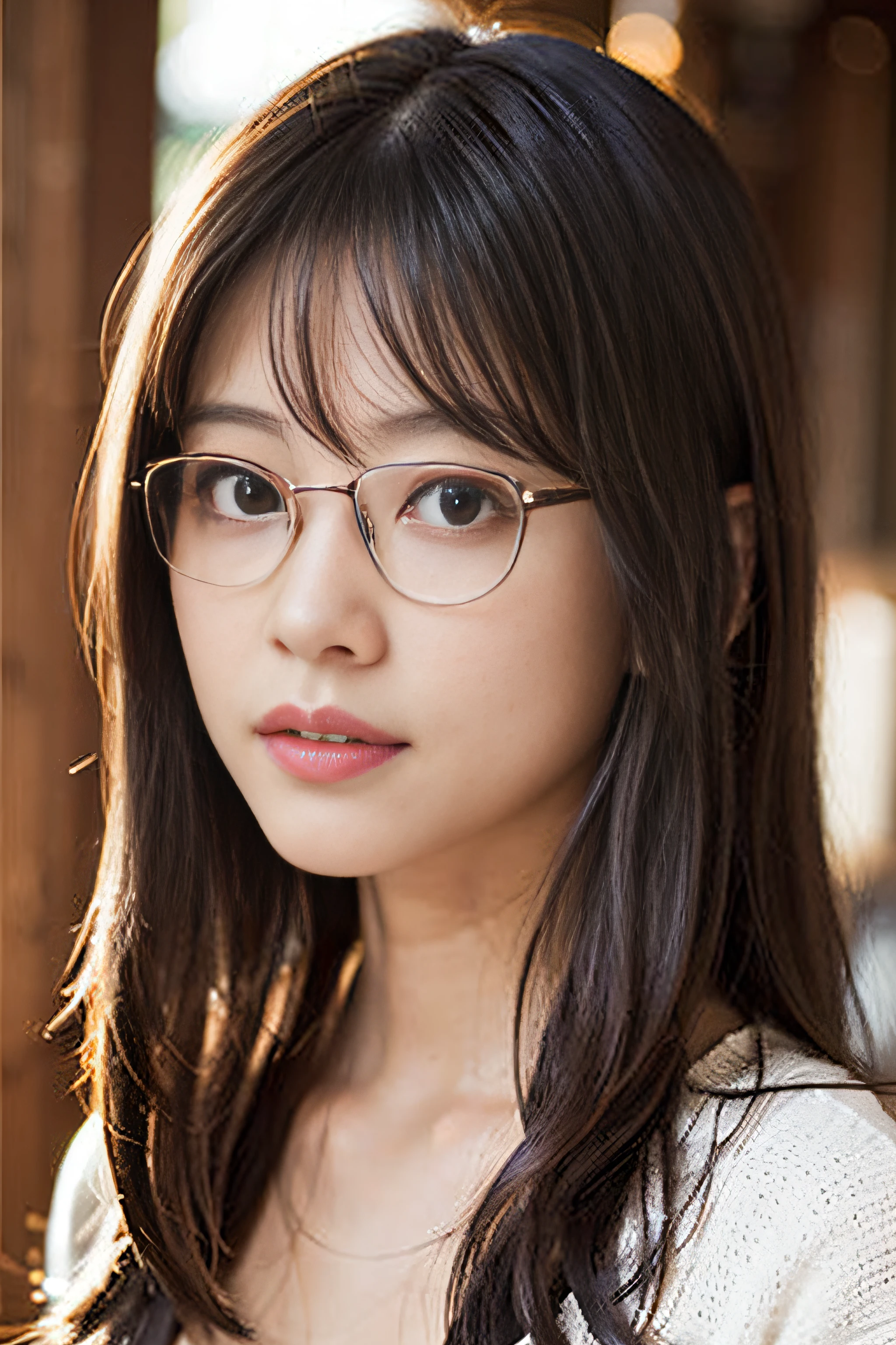 (8K、Raw photography、top-quality、​masterpiece:1.2)、(realisitic、Photorealsitic:1.37)、ultra-detailliert、超A high resolution、女の子1人、see the beholder、beautifull detailed face、A smile、Constriction、Comfortable clothes、Beautiful detailed skin、Skin Texture、Floating hair、Professional Lighting、clear stream、Black-rimmed square glasses、Whole human body、Brown hair
