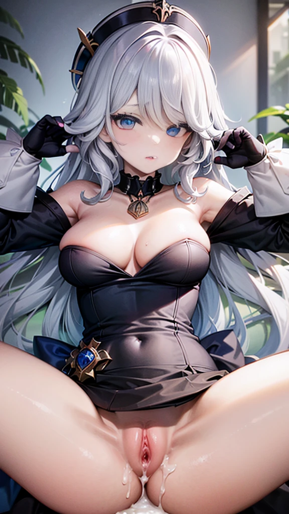 best quality, (masterpiece:1.2), detailed, (mastaer piece:1.3) furina, 1girl, breasts, solo, looking at viewer, blue eyes, not very long hair, white-blue hair, cleavage, medium breasts,, Long hair, Long sleeves, Necklace, collar bone, Random Posing, (()), lying, ass, , spread legs, on back, legs up, cum, cum in , cum on body, bukkake,