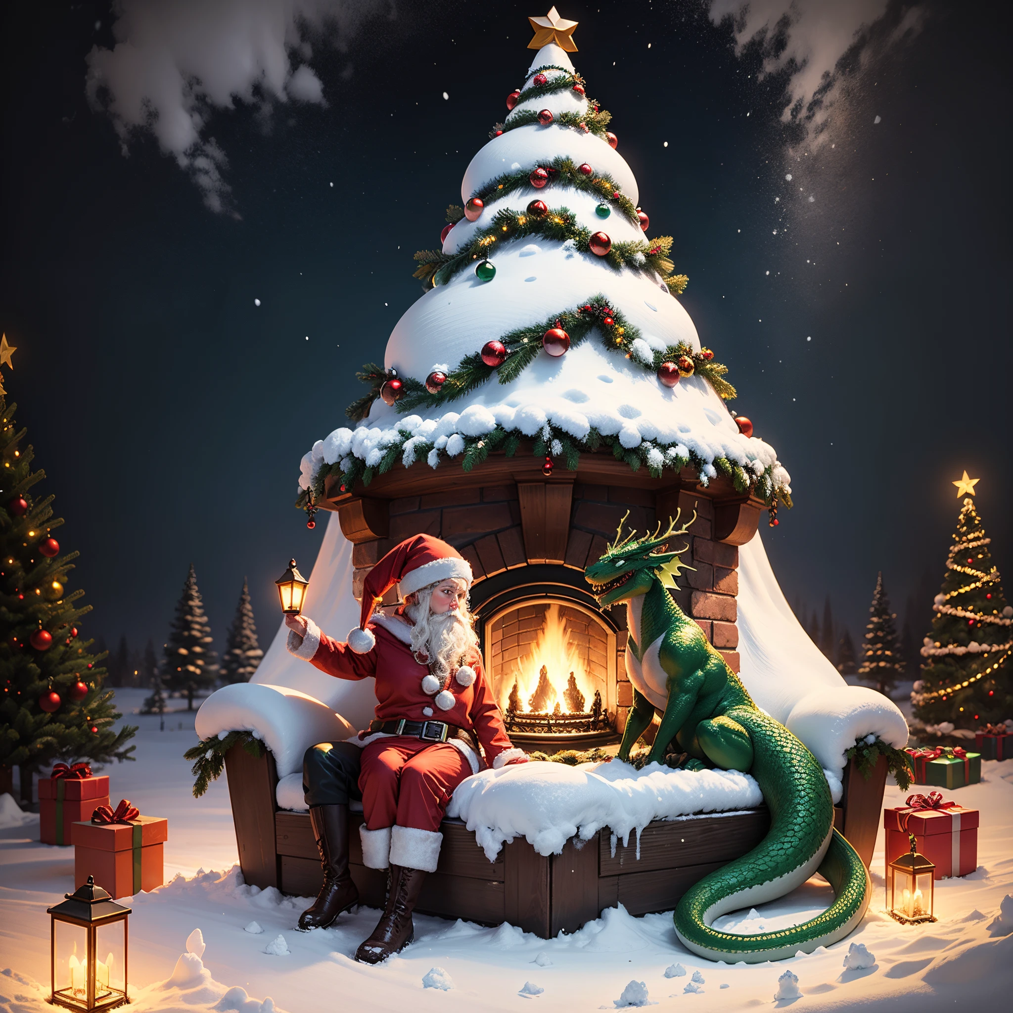 green dragon around the Christmas tree,winter,snow,salt,festive Christmas tree,high quality,santa claus and snow maiden with gifts