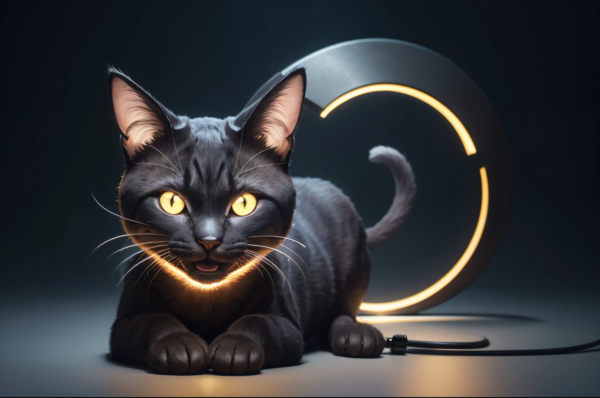 (hightquality、8K、Ulutra HD)、A slightly creepy cat-shaped robot head、Perfect build、iconic design、simple modeling、Glowing eyes、A crescent-shaped smiling mouth that splits all the way to the ears...、Digital Painting、concept-art、Stereoscopic lighting、metal reflective、2d render、Art Germ、ArtStat Trends