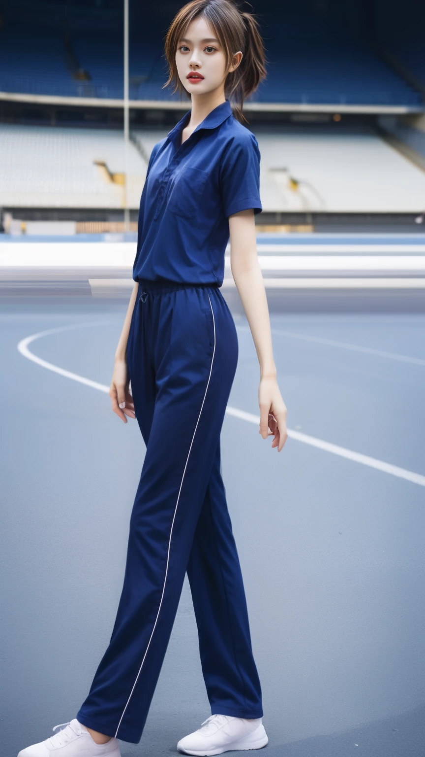 (bestquality,10,10,highres,masterpiece:1.2),ultra-detail,(Realistic,photorealistic portrait,photo-realistic:1.37),1 Cute girl in the football field,oily shiny skin,bara,light smile,BDclothes,((blue shirt:1.3)),short sleeves,shirt, trousers.,(navy_long_Pants Track:1.1), ((Stadium Background:1.3)),dynamic angle,excited,face focus,Dynamic Poses,from behide,Ass Focus,masterpiece, bestquality, ultra realistic, hyper-detail, 8k resolution, RAW photo, crisp focus, ((Navy blue shirt:1.1)), short sleeves, Long Path, Perfect body, 2 mature women, 18yo, cinematic light,Blue sweatpants,Gymware,Correct anatomy,Complete body, Correct body, sharp face, Anatomically correct body, full entire body, Realistic gestures, long-haired, Realistic poses,Wear long shorts...................,Long leg span,Shapely,Sculpting Girl, Slender Figure, mannequin mannequins, Shapely, Beautiful body,Blue sweatpants, Two girls kissing
