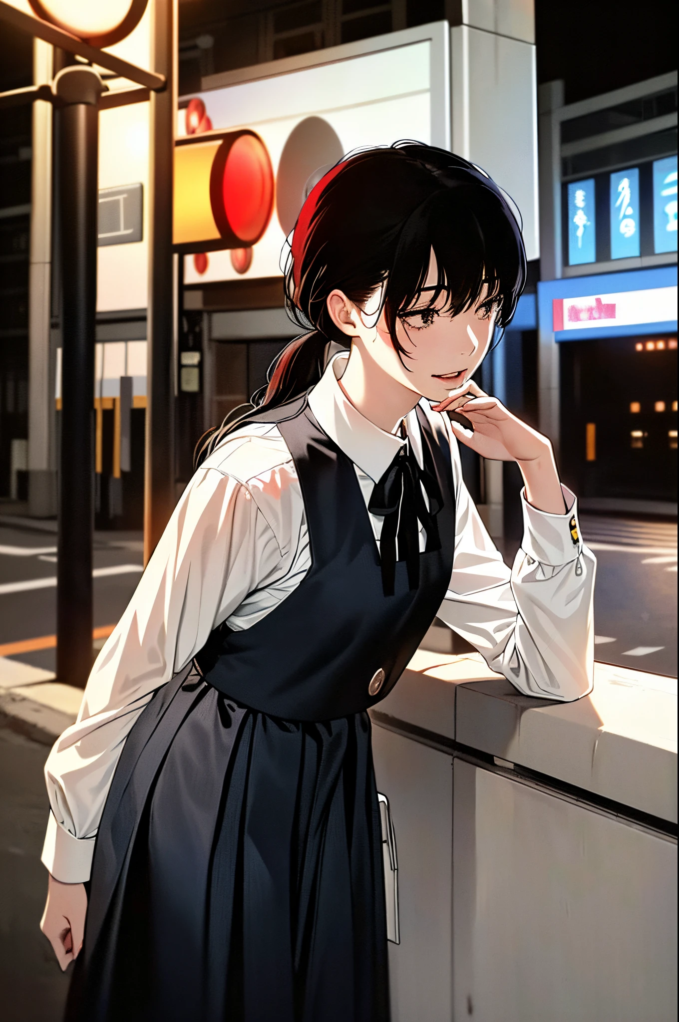 8k, raw camera, highres, detailed, masterpiece, portrait, photorealistic, hyperrealist, aesthetic, beautiful, best quality, highly detail, best quality clothing, aesthetic clothing, professional angle, rule of thirds, Feminine, delicate, beautiful, (((at midnight, midnight intersection, traffic light, red light))), 19 years, attractive Japanese, solo, 1 girl, (Asa Mitaka), (Full body), ((From Front) Shallow Depth of Field), -, ((Calm)), (Medium  Hair, Black Hair), (Loose Hair, Bangs, Semi Wavy Hair), ((Twin Tails Back)), (Dark Brown Eyes, Open Eyes, Concentrated Gaze), (Standing, Mouth Closed, looking side), -, -, (Medium Bust), ((Black Pinafore and White Shirt underneath, Long Sleeves)), (Black Ribbon, Black  Belt, -), (-), beautiful body, beautiful eyes, shiny eyes, shiny hair, beautiful mouth, beautiful lips, beautiful skin, beautiful teeth, perfect teeth, beautiful face