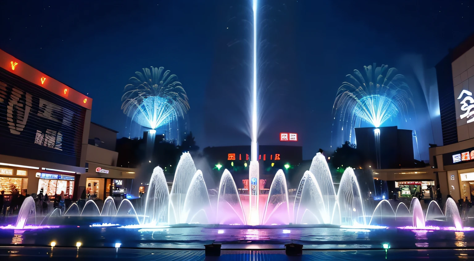 (Large fountain show in Japanese shopping malls: 1.3), Countless water cannons, overhead fountains:1.2, arch fountains:1.3, (Spraying water from various angles: 1.3), (Collaboration of projection mapping and fountain show: 1.3), (Very impressive Grand Final: 1.5), (Incredible Fountain Volume: 1.5), (Masterpiece), (Best Quality), (Ultra high Detailes)