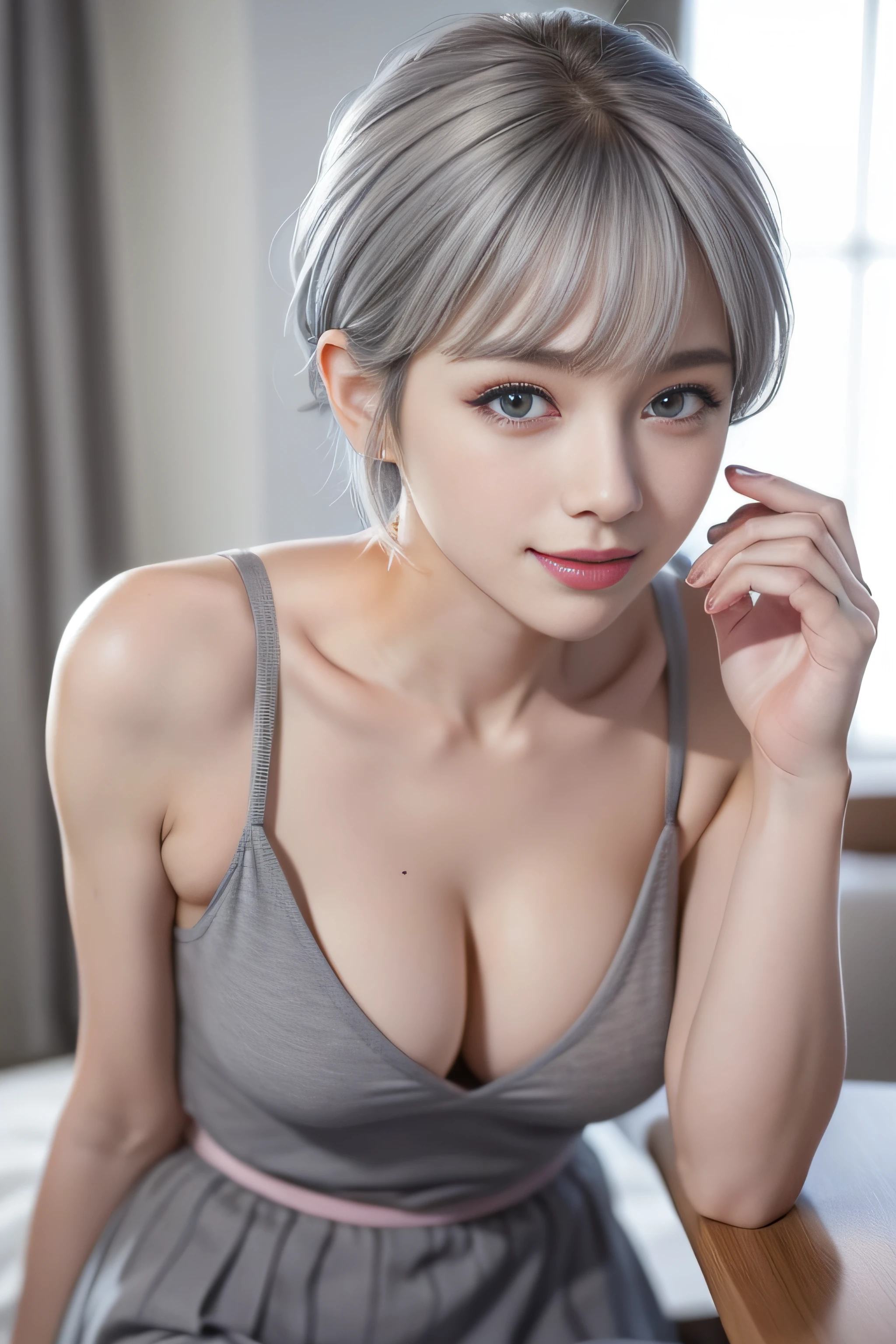 (Blue eyes:1.2)、The best smile、(Ash gray hair:1.5)、、short-hair, (Raw photography、top-quality)、(realisitic、Photorealsitic:1.3)、top-quality、masterpiece、extremely delicate and beautiful、A highly detailed、nffsw、A sense of unity、2k wallpaper、magnifica、Beautiful in every detail、masterpiece、浅笑、top-quality、Highly detailed ticker Unity 8K wallpapers、huge filesize、ultra-detailliert、hight resolution、ighly detailed、Female 1 Person、Slim body、D-cups、(Black Leotard Top:0.7)、(Pink skirt:1.2)、Look at the front、Sharp Focus、Face Close-up、pureerosface_v1:0.8 Short Hair、Instagram、Viewer's Perspective、selfee