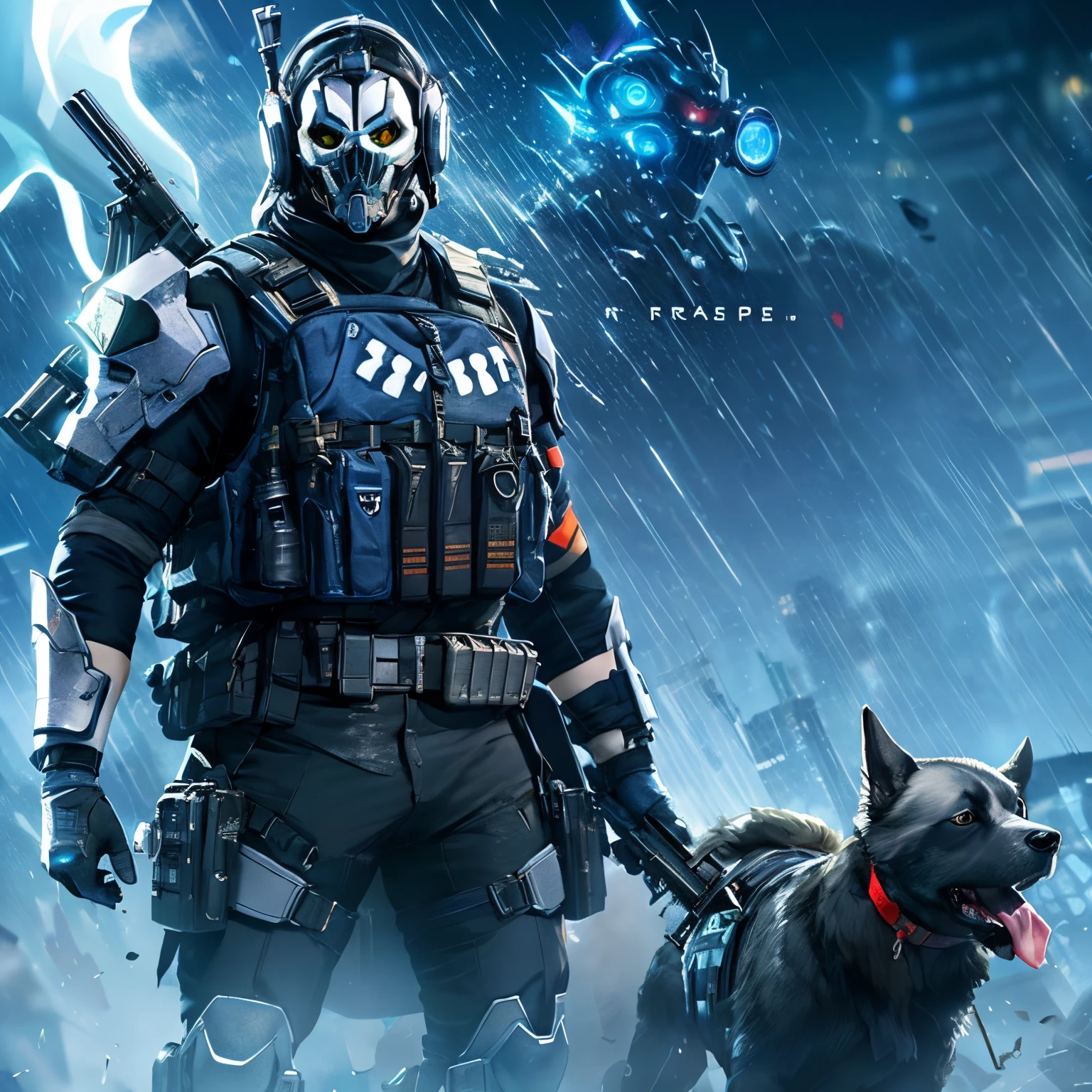 arafed soldier with a dog and a gun in the rain, ghost mask on the face, blue glowy eyes, game cover, video game cover, game poster, video game cover art, warzone background, cover game art, ghosts theme, game cover art, helghast, mobile wallpaper, hq 4k phone wallpaper, game promotional poster, fps shooter game, call of duty, high quality wallpaper