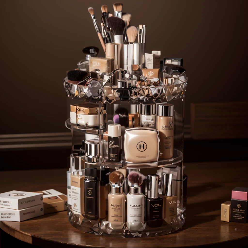 a close-up of a transparent container with makeup brushes and other cosmetics, 360º, maquiagem clara, Esposa, acrylic, 3 6 0 p, base texturizada ; Fotos do produto, rosto redondo completo!, Glam, maquiagem, idade, 360*, Arcílico, description, 360, 8K H 768, Elegent, product introduction photos, coloque esse imagem em um novo cenario de um banheiro luxuoso