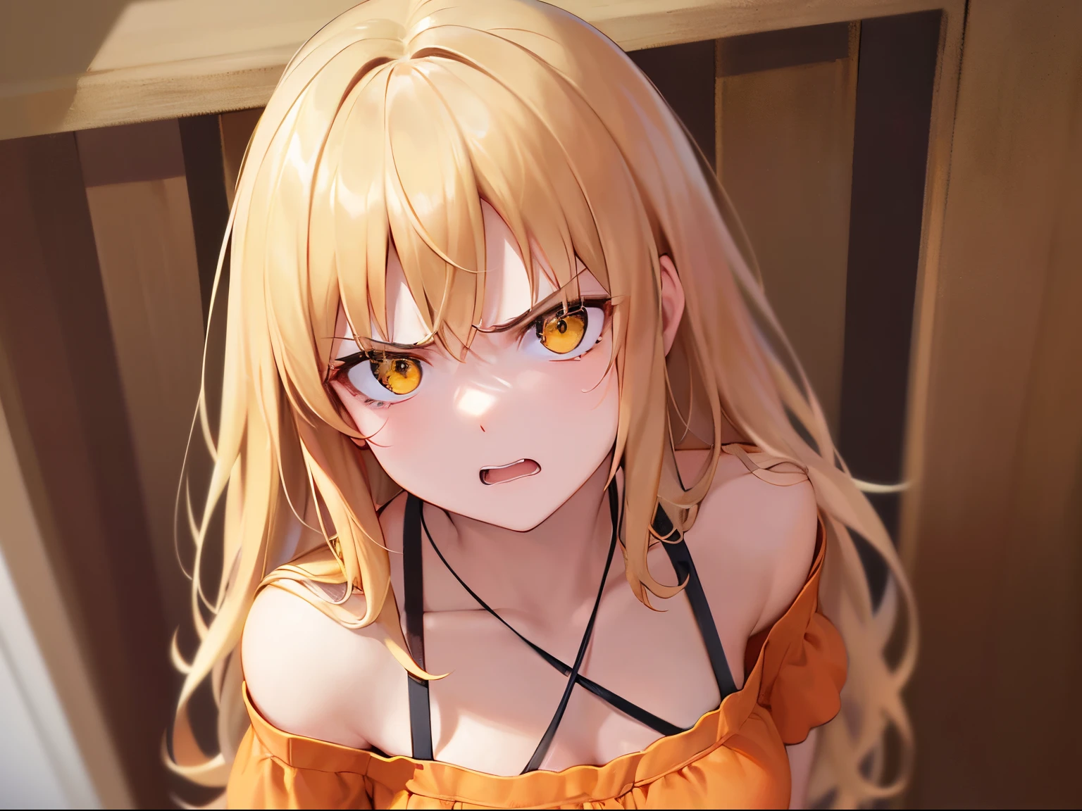 Angle from above, High angle, masterpiece、hightquality、(Blonde long hair, yellow eyes)、An 18-year-old woman、(Alone:1.5)、She is wearing an orange collarless short-sleeved blouse.、(Angry look:1.1)、Close-up of the subject's face、(Only the upper body is shown.:1.3)、Bold composition、The background is a room