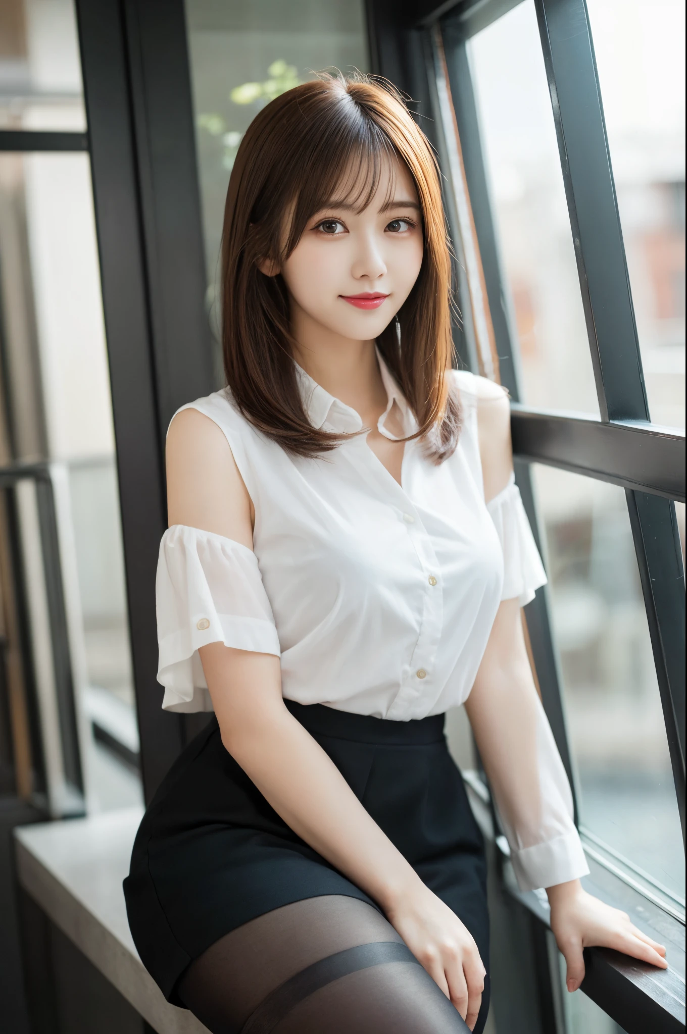 8K, Ultra-high resolution, Highest quality, masterpiece, 三分割法によるphotograph,Surreal, photograph, 1 girl, (16 years old:1.3), pretty girl, Cute face, Beautiful eyes in every detail, 細かくdetailedに,masterpiece,, One Girl:1.2, Japan Female Announcer,whole body,Low - Angle,Young Wife,A woman sitting on a sofa,White blouse with collar,Black Pencil Skirt,Black Stockings,Black high heels、Full of cleanliness,A carefree smile,Healing the heart,Semi-long layered hair,Looking at the audience、beauty,Long neck、Laugh a little、Please close your mouth and laugh、(((Ideal body type))),A-cup small breasts :2,、Portraiture:2、Perfect Anatomy、鮮明なdetailed、detailed、Surreal、Light and shadow,Strong light