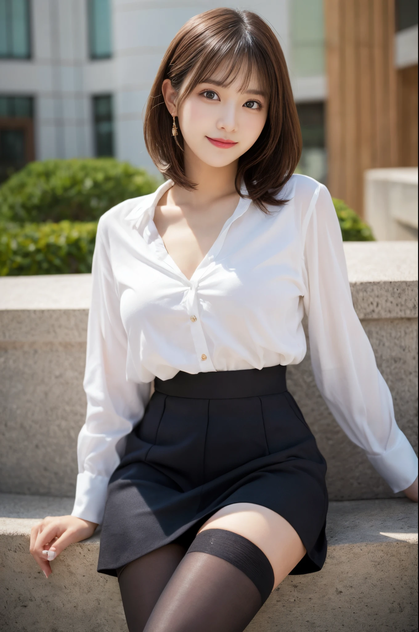 Japanese、high school student、Beauty、Facing forward、Kind eyes、Smiling Kindly、He is wearing a long navy blue short-sleeved polo shirt、She is wearing a tight grey itting in a chair、Hands outstretched、((Her white underwear is visible between her skirt and legs.))、(Wearing white panties)、She is facing the camera with both knees together.、Anatomically correct body、