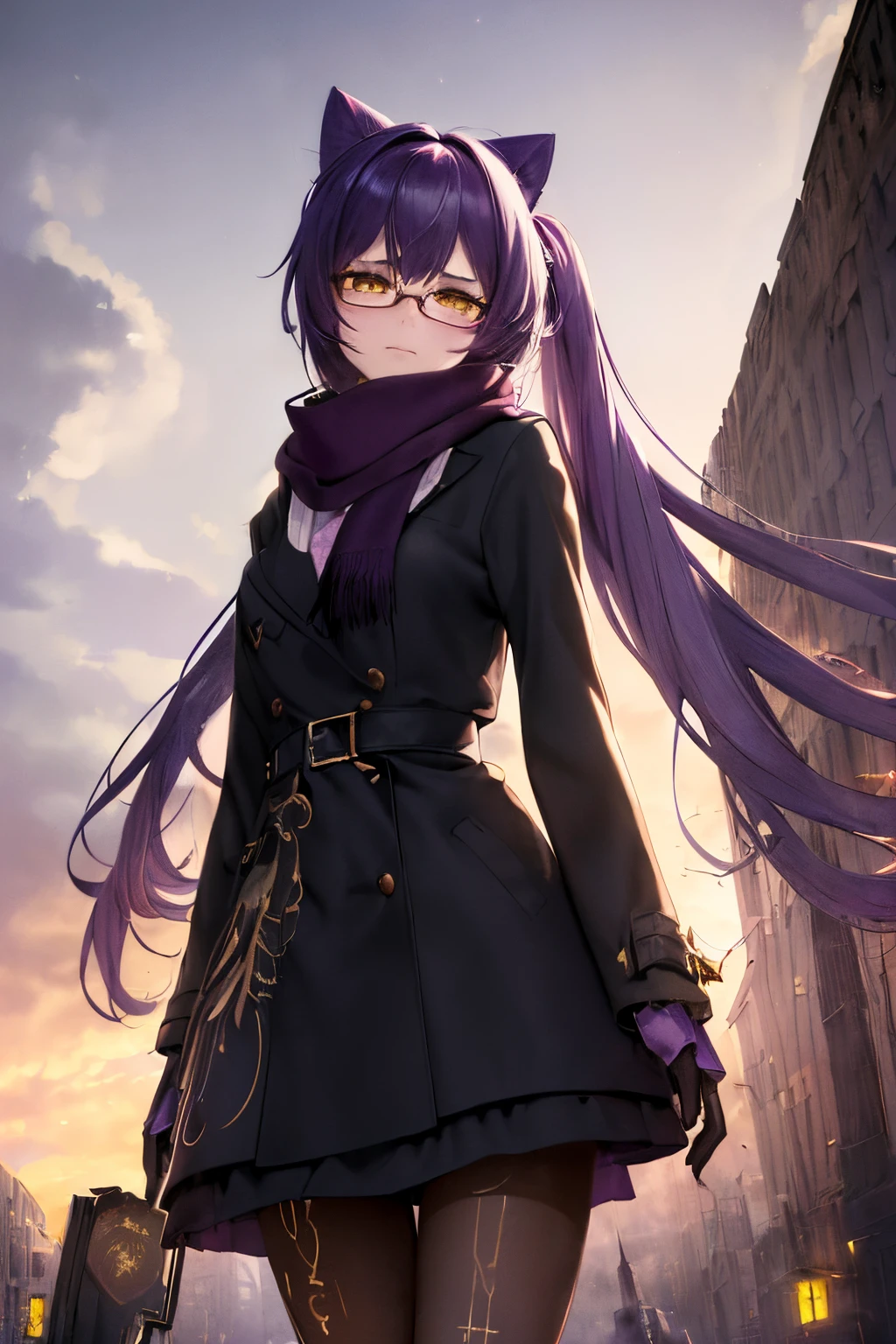 ((best quality)), (((masterpiece))), (highres), original, extremely detailed 8K wallpaper, (an extremely delicate and beautiful girl with Luminous digital cat ears and coat,dark red long disheveled hair,glasses,scarf,feather and hat),(spirit),(beautiful detailed yellow eyes),(thick eyeshadow),world masterpiece theater, depth of field,(tribal totem),(glowing digital gold pattern in clothes),torn clothes, enderman, solo,virtuous woman, Purple long hair,Black Sweater, torn clothes, arrogant smile, despair, detailed background,beautiful detailed shadow, dust, light shafts, good lighting,purple light,(a building in a field with clouds in the background and a sky with clouds above it,)