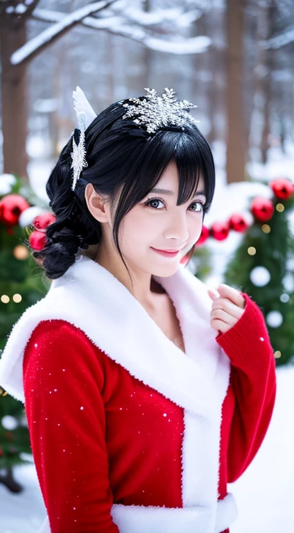 Beautiful black hair woman、japanes、Christmas、Christmas Cosplay、snowscape