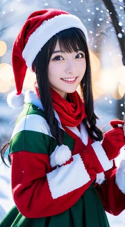 Beautiful black hair woman、japanes、Christmas、Christmas Cosplay、snowscape