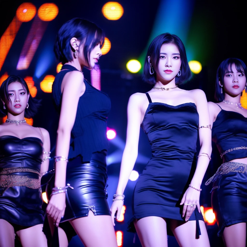 Best quality, masterpiece, ultra high res, (photorealistic:1.5), raw photo, Kpop idols performing on stage, black short tight dresses, in the dark, deep shadow, low key, cold light, sexy look, short hair