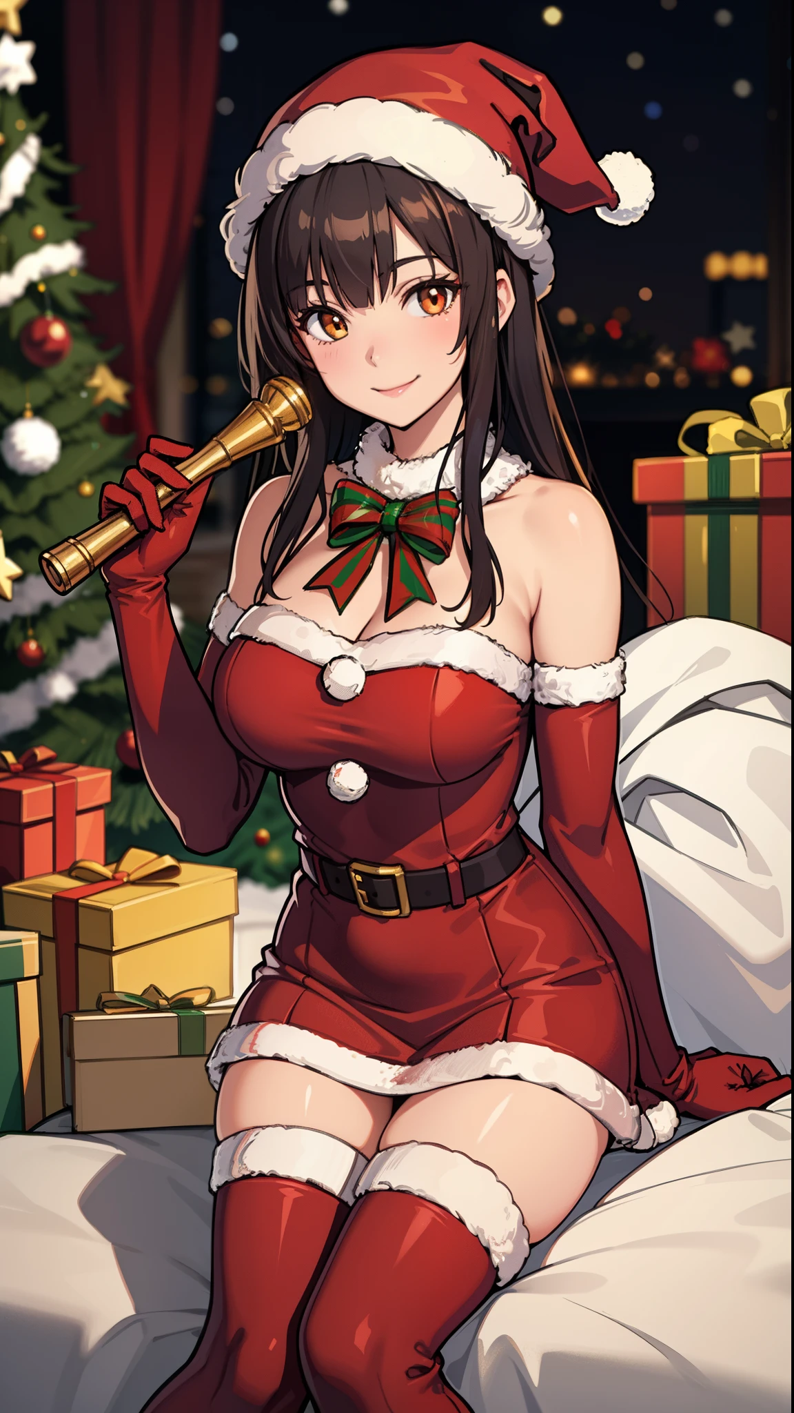 8k wallpaper,Best Quality,masutepiece,Realistic, a woman dressed in a santa outfit sitting on the ground next to a christmas tree with lights on it,
BREAK
1girl, bare shoulders, sitting, smile, holding sack,
BREAK
depth of field, bell, blurry, blurry background, boots, champagne, champagne flute, chimney, christmas, christmas lights, christmas ornaments, christmas tree, holly, indoors, merry christmas, ornament, gift, gift box,
BREAK
fur-trimmed capelet, fur-trimmed dress, fur-trimmed gloves, fur-trimmed headwear, fur-trimmed legwear, fur-trimmed skirt, red bow, red dress, red footwear, red gloves, red headwear, red sleeves, santa bikini, santa boots, santa costume,santa dress,santa gloves,santa hat