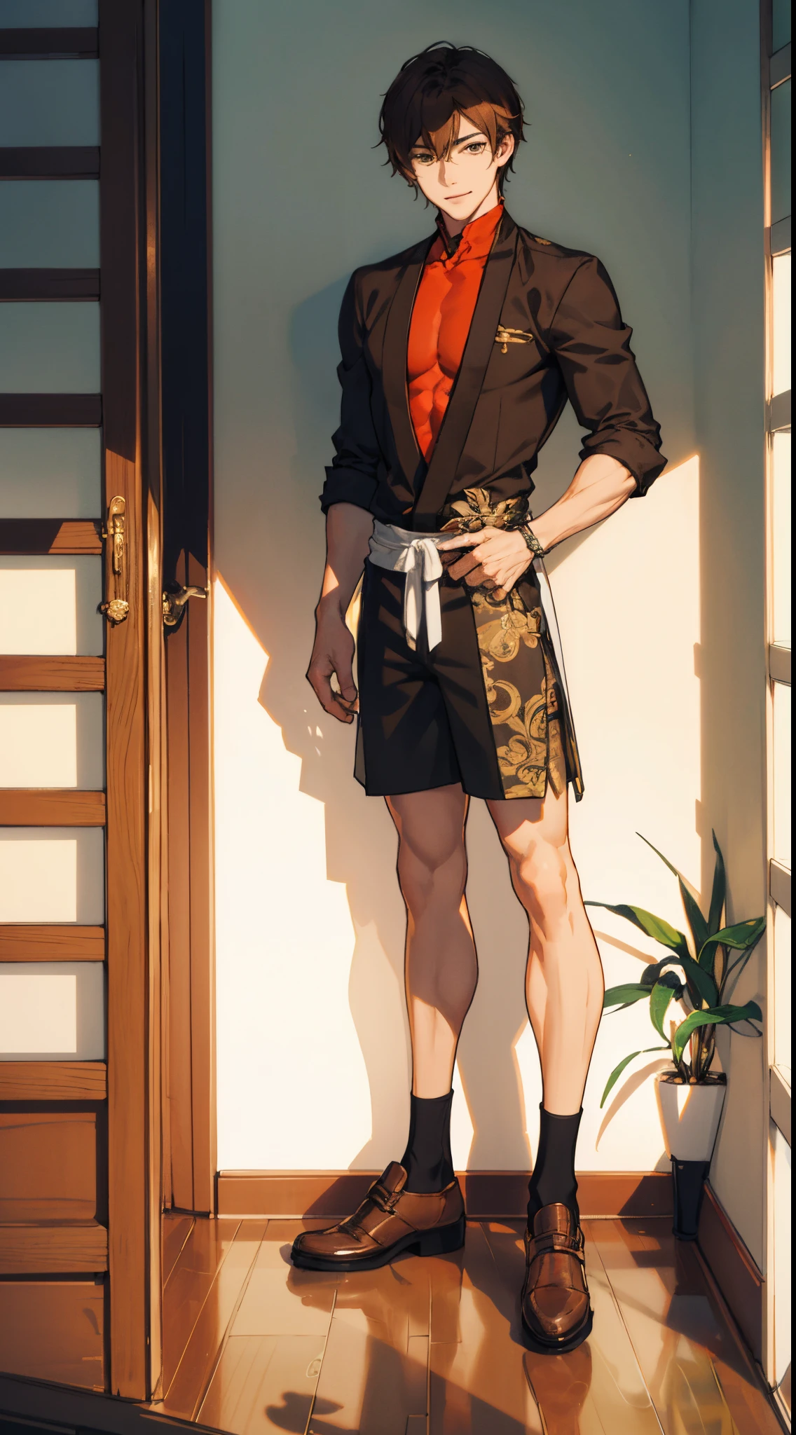 tmasterpiece,Best quality at best,full-body view,1 boy,Young person,Tall and well-proportioned,musculous,Naked all over the body,Seated,Handsome,Elaborate Eyes,Complicated details,shorts,disheveled brown hair,medium lenght hair,The background is in the house,Intricate patterns,Best light and shadow,a plant,Mottled sunlight,In the daytime,depth of fields,夏天,artistically,Colorful,ssmile,closing the mouth