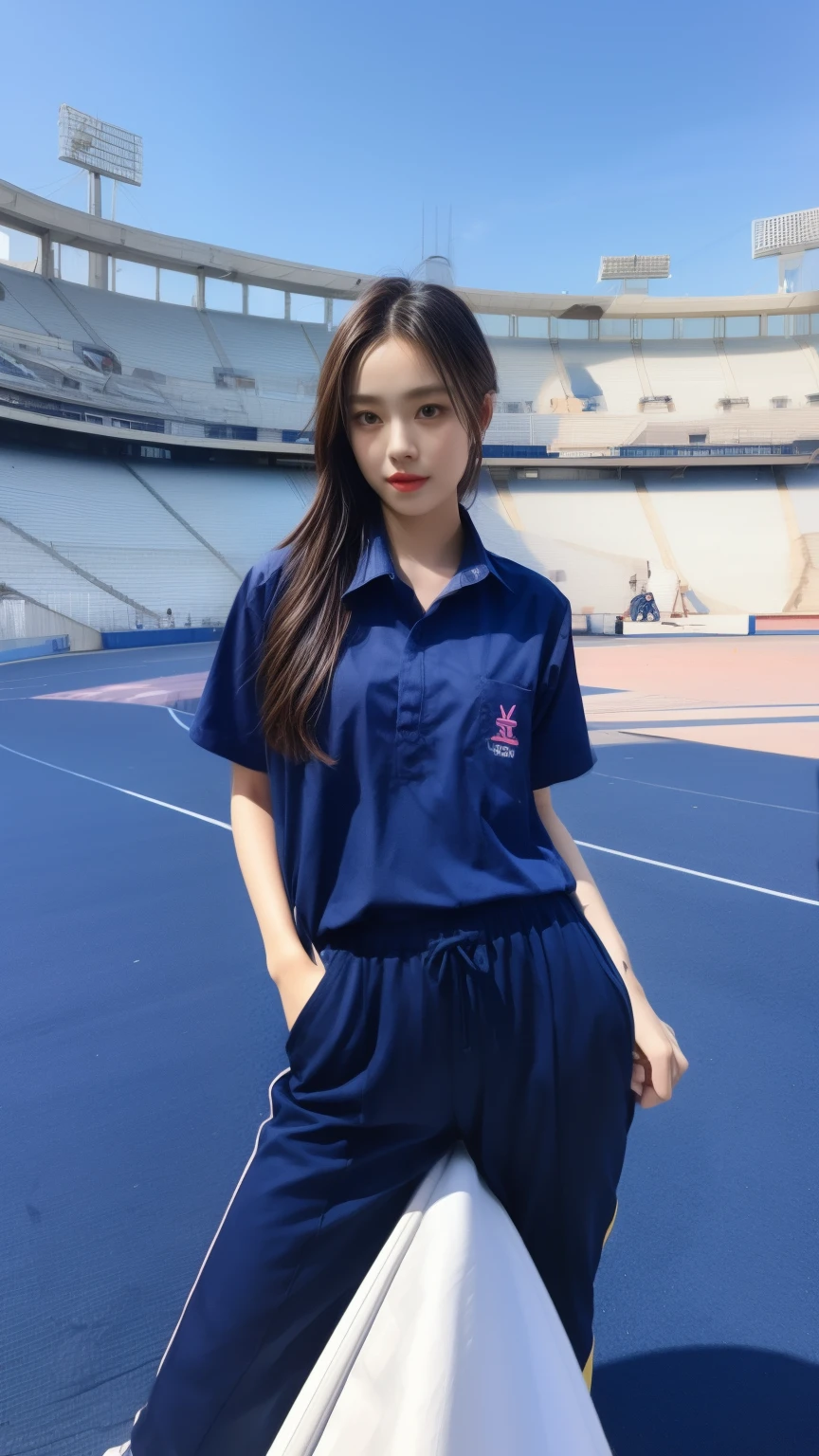 (bestquality,10,10,highres,masterpiece:1.2),ultra-detail,(Realistic,photorealistic portrait,photo-realistic:1.37),1 Cute girl in the football field,oily shiny skin,bara,light smile,BDclothes,((blue shirt:1.3)),short sleeves,shirt, trousers.,(navy_long_Pants Track:1.1), ((Stadium Background:1.3)),dynamic angle,excited,face focus,Dynamic Poses,from behide,Ass Focus,masterpiece, bestquality, ultra realistic, hyper-detail, 8k resolution, RAW photo, crisp focus, ((Navy blue shirt:1.1)), short sleeves, Long Path, Perfect body, 2 mature women, 18yo, cinematic light,Blue sweatpants,Gymware,Correct anatomy,Complete body, Correct body, sharp face, Anatomically correct body, full entire body, Realistic gestures, long-haired, Realistic poses,Wear long shorts.....................,Long leg span,Shapely,Sculpting Girl, Slender Figure, mannequin mannequins, Shapely, Beautiful body,Blue sweatpants, Two girls kissing