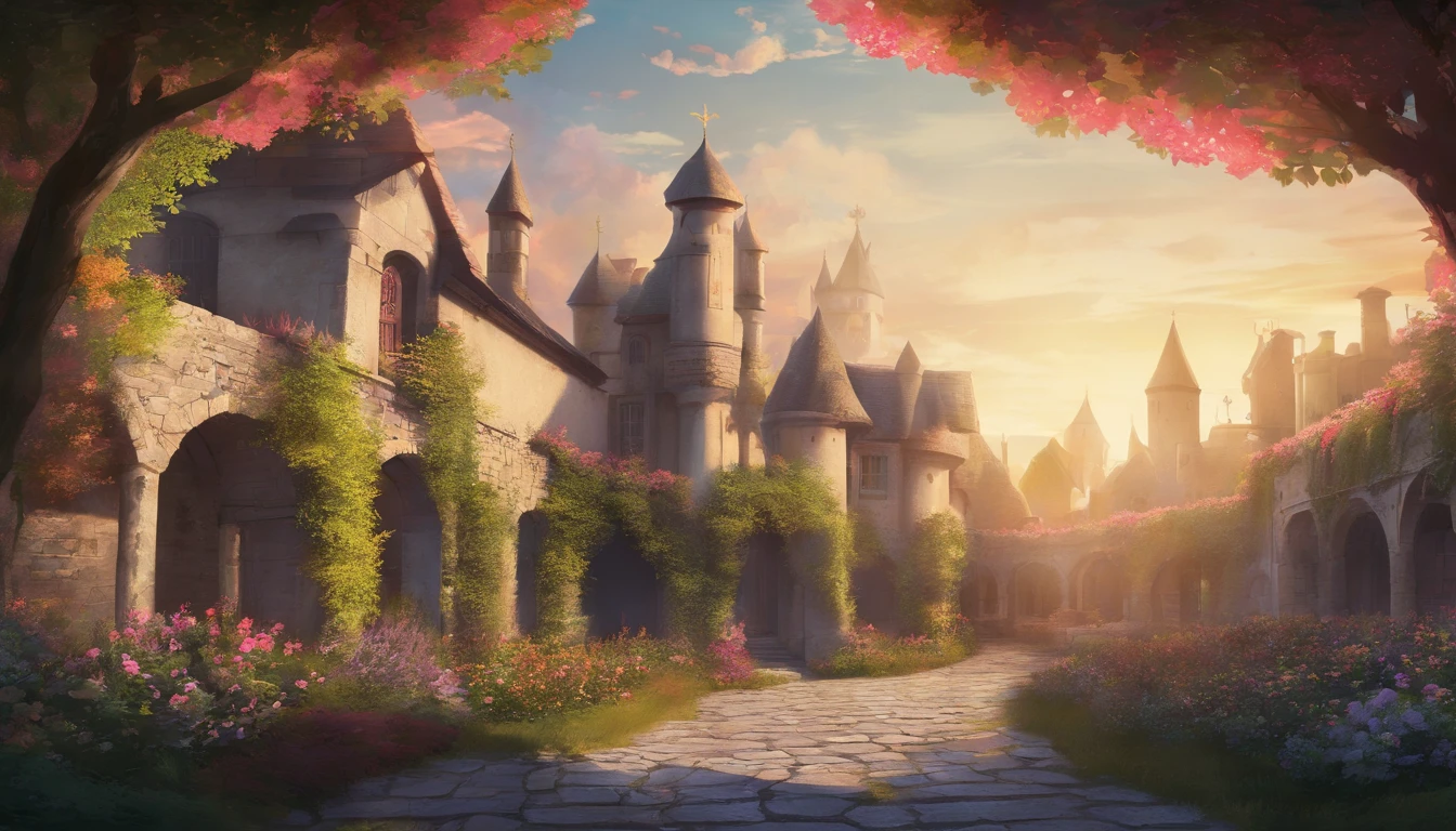 gardens of a courtyard in the medieval times in late evening and sun set, it is growing cold, a winding path through the center with flower bushes on either side, side view