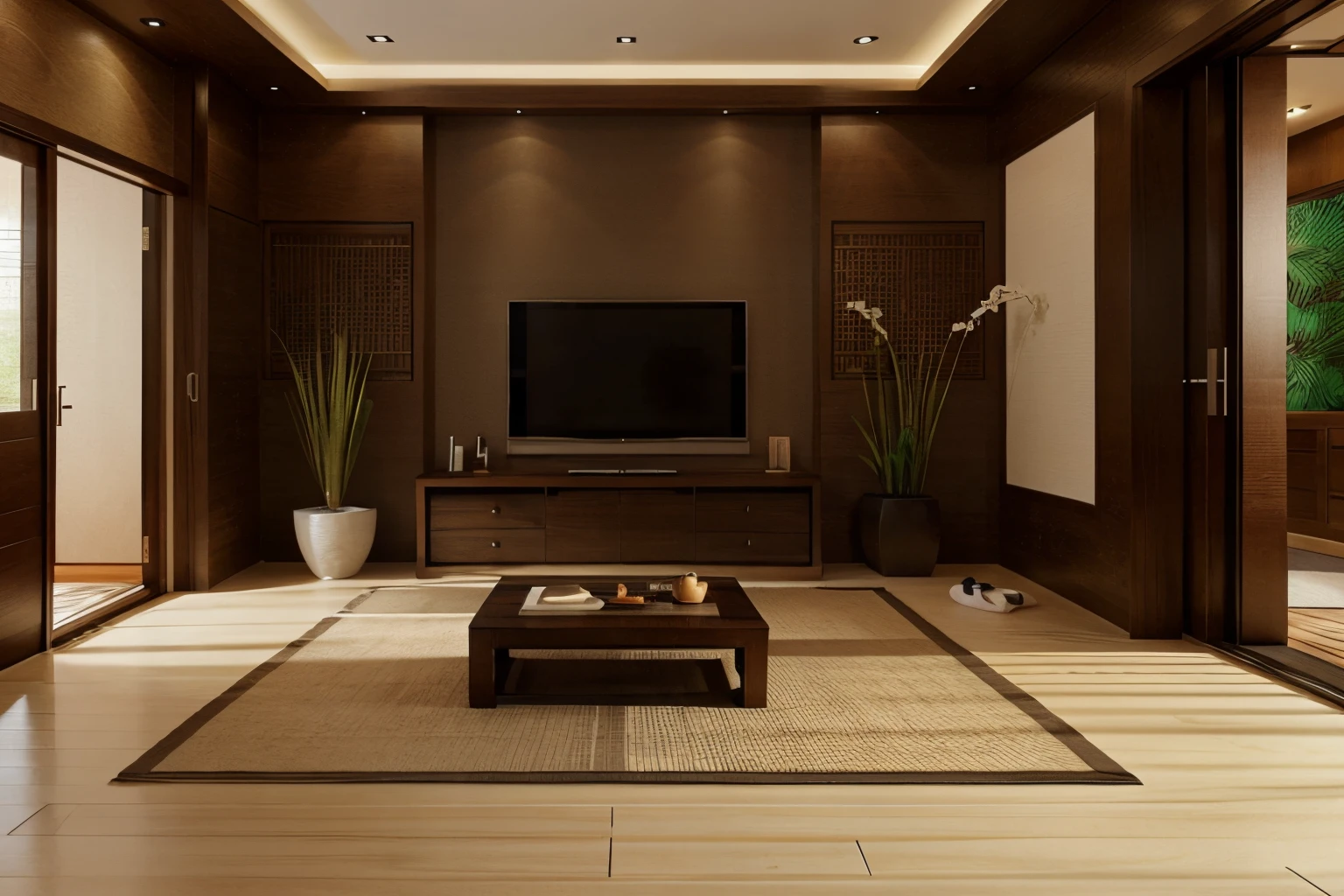 zen style lingving room with detailed interior decoration drawings