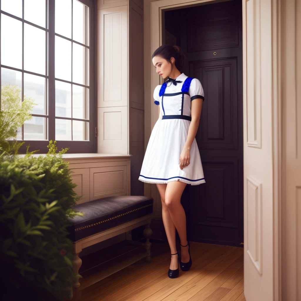 Young masculine man wearing a woman’s French maid uniform for women. Short dress exposing let’s and has high heels on his feet