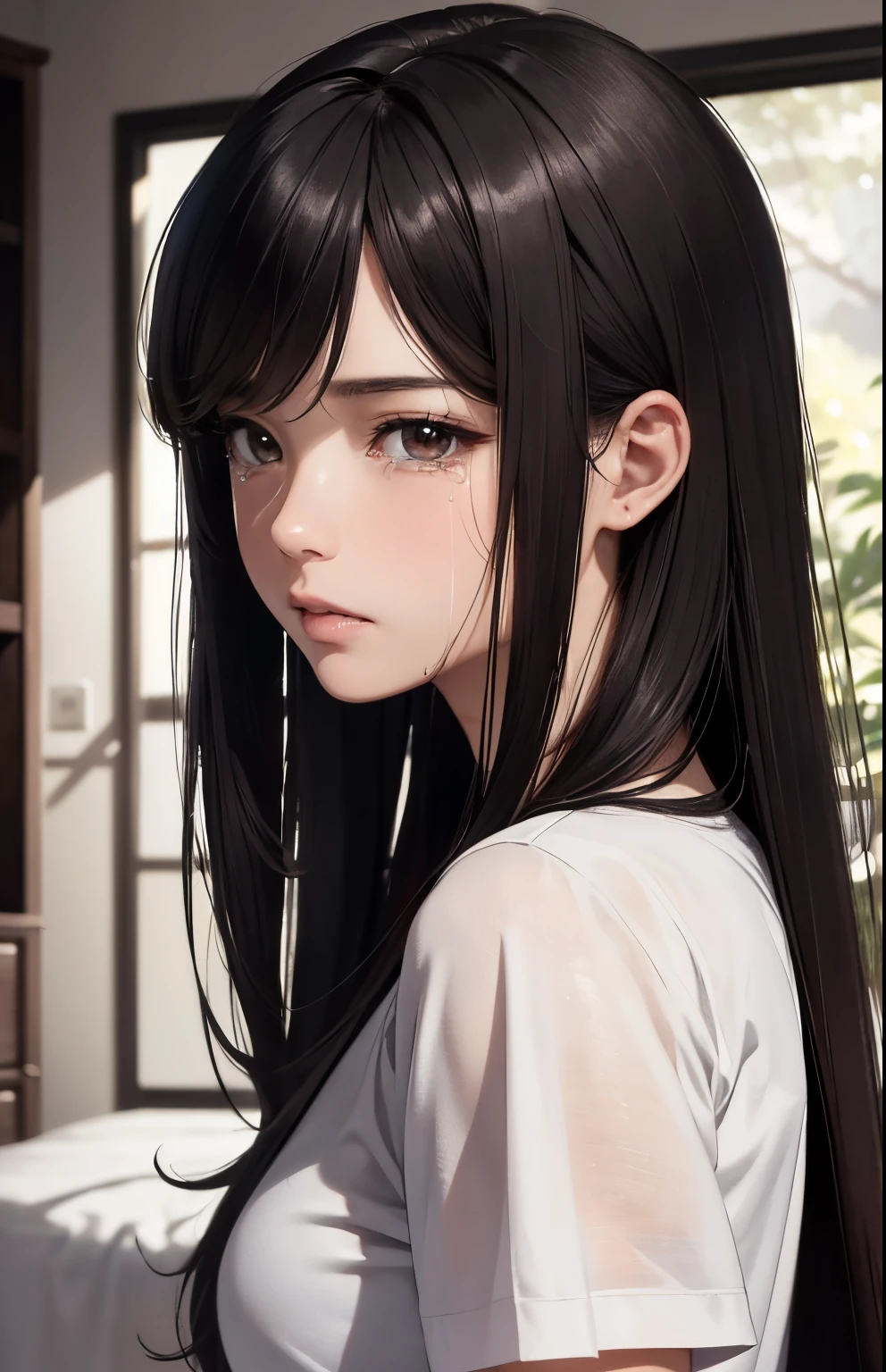 (masterpiece: 1.3), BREAK, absurderes, top-quality、hight resolution, ((((dark, dramatic room, bedroom)))), High-quality images、8K, 1 woman、skin gloss、Texture of skin and clothing、Detailed eye expression、Lustrous hair, girl with long brown hair, Manga inspired by Lee Jong-suk, trending on deviantart, Realism, detailed manga style, manga art style, perfect lineart, beautiful line art, digital manga art girl, kpop idol, detailed brown eyes, plump lips, detailed gorgeous face, face focus, ((from sideview)), (perfectly detailed face), (well detailed hand), natural cheeks, glowing skin, turgid breasts, photorealistic image, depth of field, japanese hime cut hairstyle, ((looking at the floor, hands on thigh)), (wearing t shirt, casual clothes), (((crying, tearing up, lonely, intense emotion)))