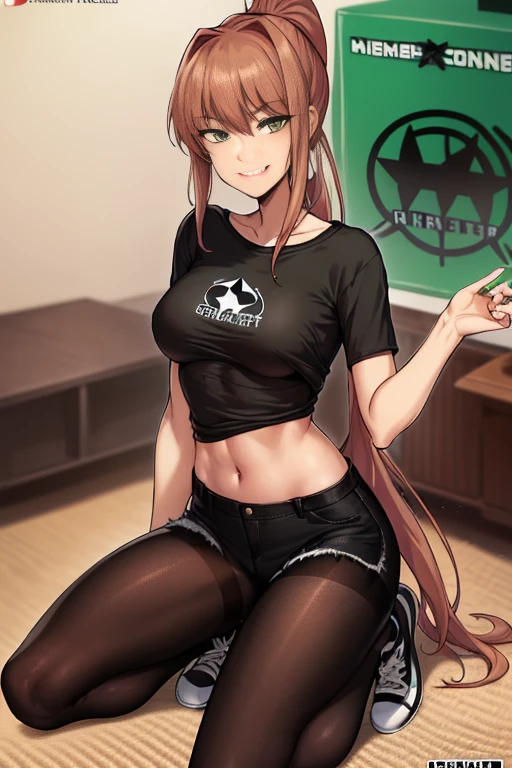 full body, full pose, 2d, masterpiece, best quality, anime, highly detailed, slim body, slim legs, slim thights, cowboy shot, 1girl, solo, monika, green eyes, very long hair, ponytail, ((underboob)),((black tshirt with logo:1.5)), medium breasts, ((kneeling)), living room background, wet skin, ((smile smug face)),((short jeans)), ((black converse shoes), ((black pantyhose)), ((looking at viever))