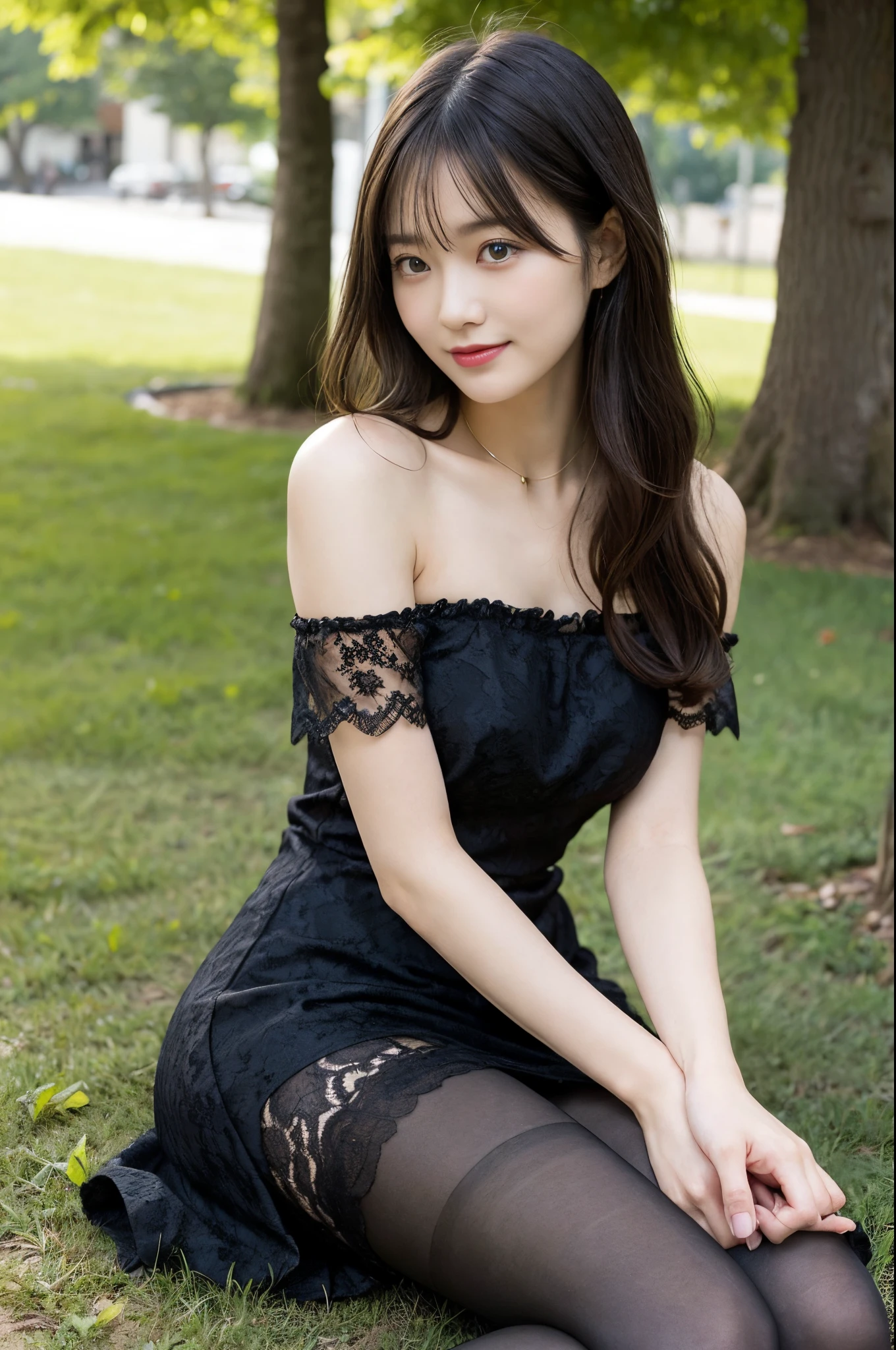 Outdoor、Mid-length skirt 、Black and white bustier with lace、(Highest quality)、((Very detailed))、4K、(8k)、masterpiece、Very detailedな、Highest quality、Super Resolution、1 person、Kind Face、Soft Light、RAW quality、Soft Skin、163cm、28 years old、Thighs