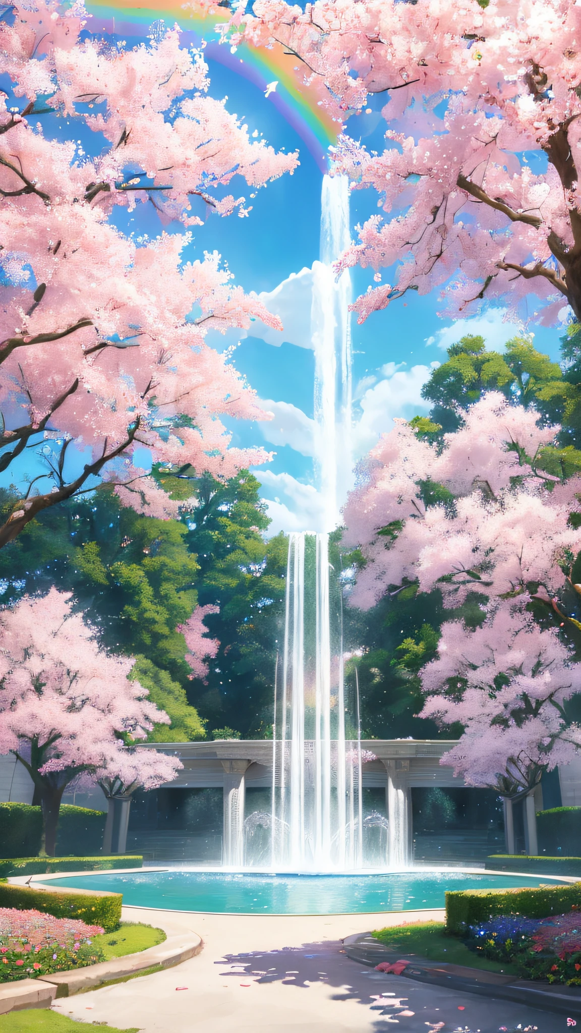 letho, A park, Water Fountain with sparkling jets of water, around the fountain there is a rainbow cloud of small water splashes, Pink clouds, Blooming sakura trees, land overgrown with roses, by James Gurney, rendering of an art station, super-wide-angle lens, Hi-Def
