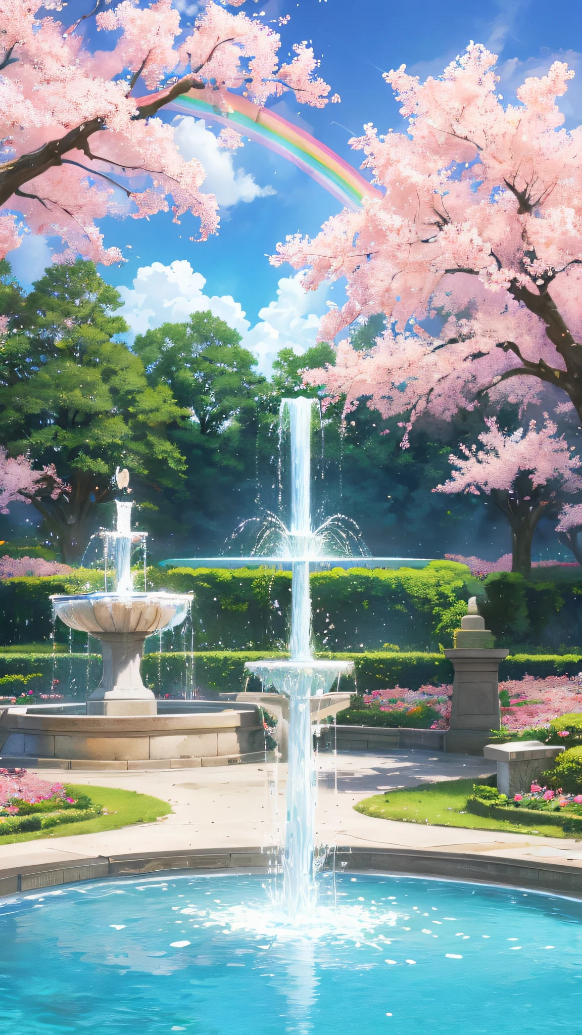 letho, A park, Water Fountain with sparkling jets of water, around the fountain there is a rainbow cloud of small water splashes, Pink clouds, Blooming sakura trees, land overgrown with roses, by James Gurney, rendering of an art station, super-wide-angle lens, Hi-Def