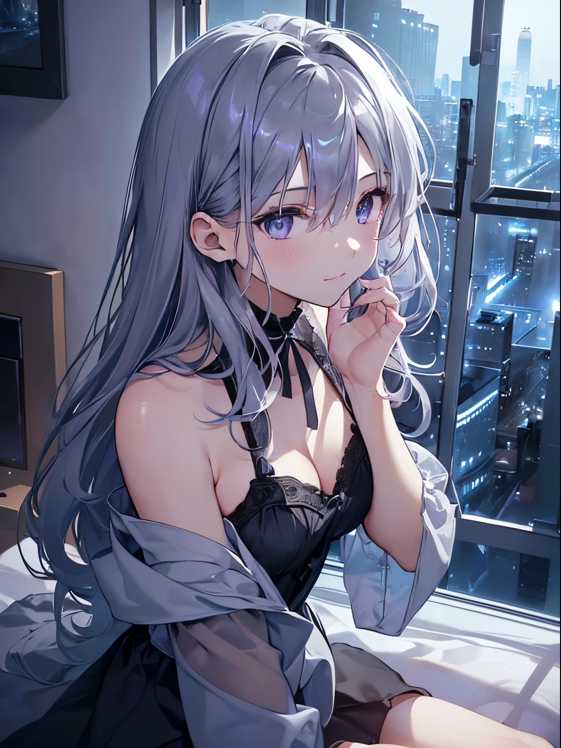 deep in the night,0:00 at night、Room with night view、It's pitch black outside、((You can see the night view from the window:2)), Bedrooms、Girl sitting on bed、(1girl in),(beautiful eyes finely detailed、Face to detail、masterpiece sidelighting、​masterpiece、top-quality、detaileds、High resolution illustration),Delicate Makeup, (a closeup:1.2)、POV、softfocus、Background bokeh、Turn to me and smile,Black eyes,(((silber hair,Hair color is a blue-gray gradient))), Semi-long hair:1.2, Extremely detailed, Convoluted, masutepiece,purple camisole dress、