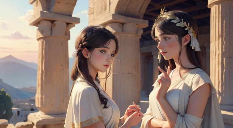 (top-quality、hight resolution、masterpiece)、((Watercolor in Sargent style))、(David Hamilton Style)、(softfocus)、ancient greek scene 、The world of Bilitis songs、(greek female bard)、22year old、美丽的面容、Well-formed eyes and nose、Bewitching smile、Detailed depiction of the face、Classic hairstyles、Beautiful figure、detail portrayal、(ancient greek clothes)、(White tunic)、greek toga、(two womens)、(Two young women talking outdoors)、(Accurate hand and finger depiction)、Cinematic scenes、ciinematic light、softlight、raytrace、luminous sky、greek architecture columns、greek pine、(nostalgia)、classic vibes、Blur the background、
