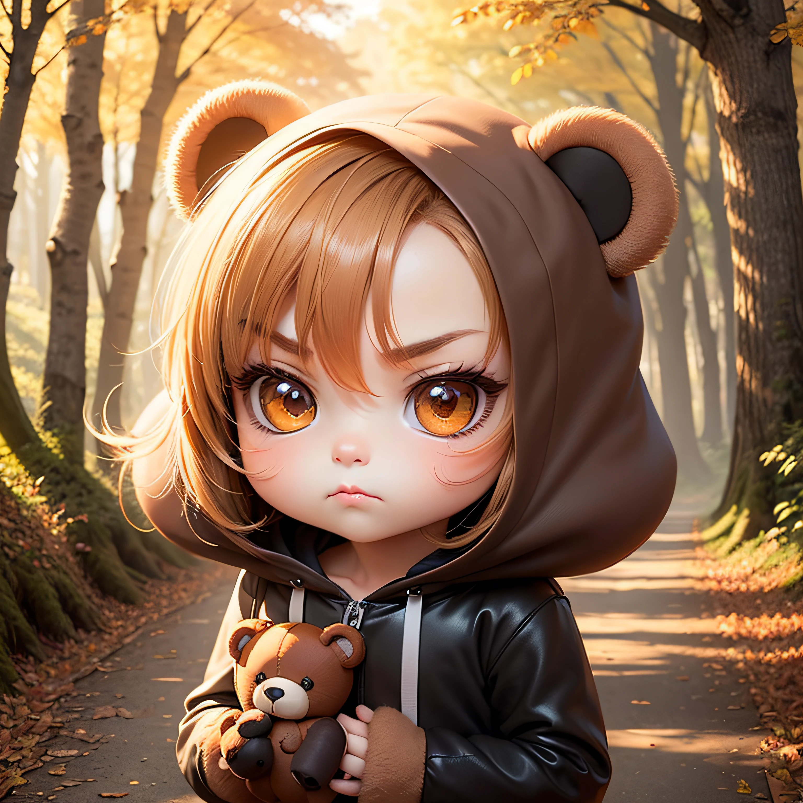 (Chibi Teddy Bear:1.3)、(Chibi Pork Plush Toy:1.2)Fairytale autumn forest、You and I are friends、angry looking face、Kigurumi、Face Only Girl