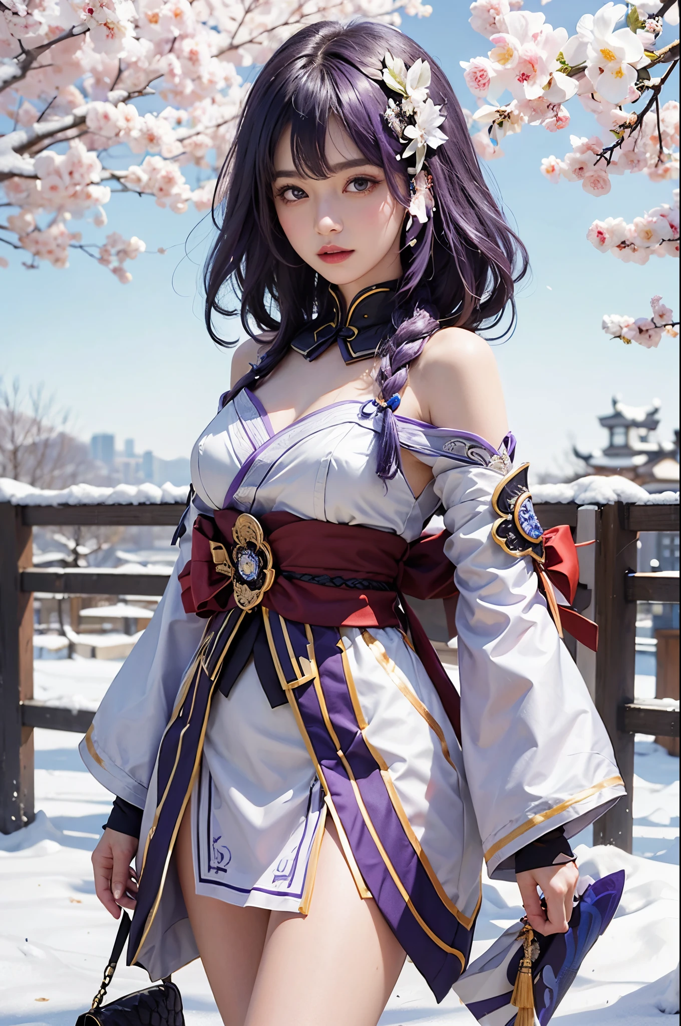 Realistic, raiden ei (genshin impactc), ultra detail, masterpiece, high quality, purple hair