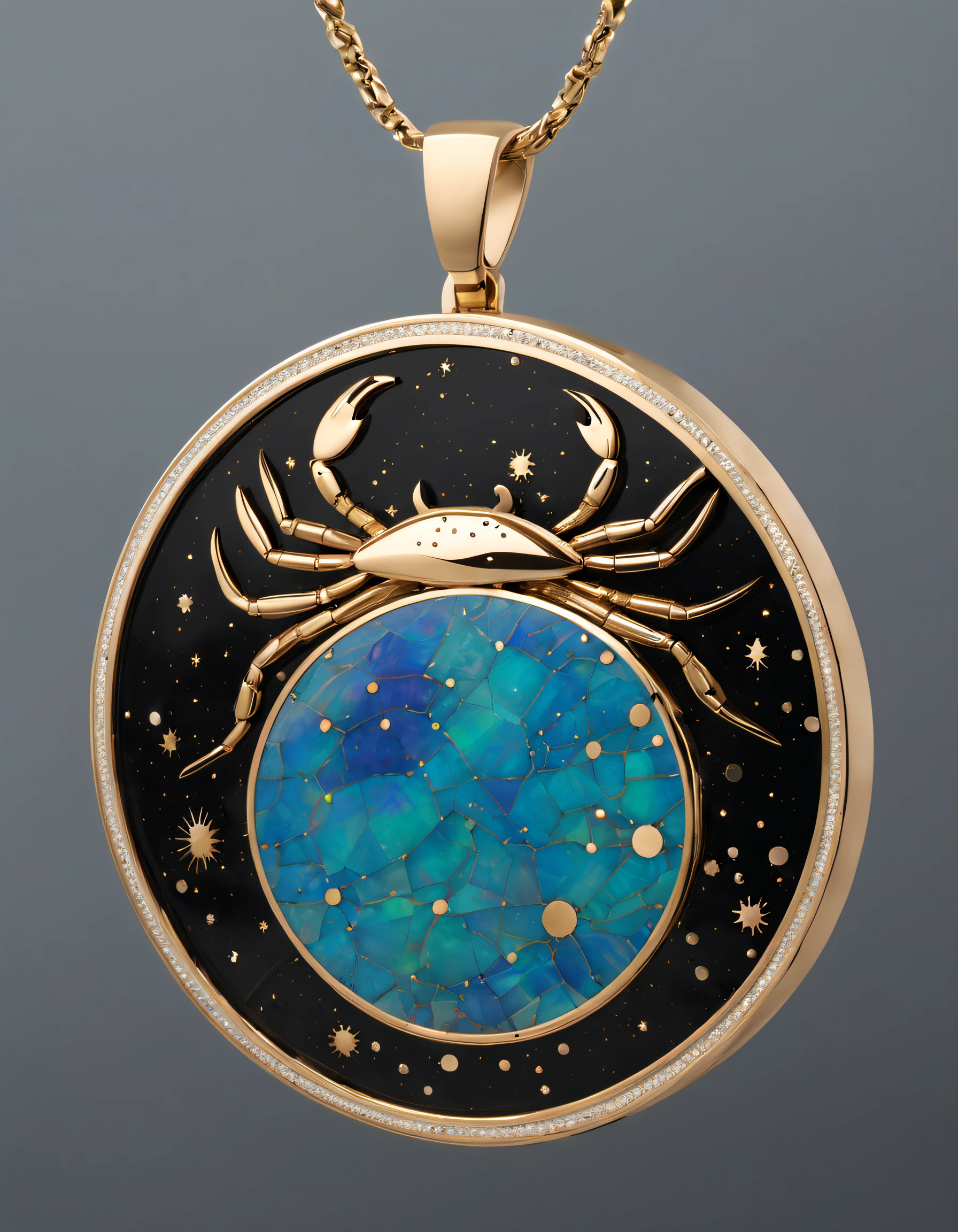 Item design, pendant design, logo design, (a round pendant), sense of technology, (only inlaid with a double opal ), black gold border, (inlaid with Cancer constellation symbol),(inlaid with small gold crabs),(engraved with English cindy xu on the side), lapis lazuka, turquoise, Van Cleary, Cartier,
Background: White,by John Pawson,by Zaha Hadid,extremely detailed, best quality, masterpiece, high resolution, Hyperrealistic, 8K, Loop lighting,Mediterranean style, Eclectic,