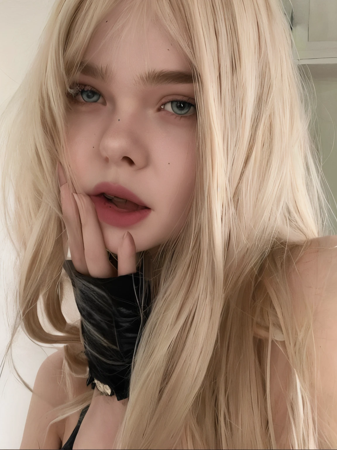 mulher loira com cabelos longos posando para uma selfie, Elle Fanning atriz, extremely pale blond hair, longos cabelos brancos e franja, very very pale blond hair, branco hime corte penteado, com cabelos longos brancos, com longos cabelos loiros, Ulzzang with big lips, big pink lips, uma com cabelo loiro, Elle Fanning as Maleficent, com longos cabelos brancos, boca carnuda igual de boneca