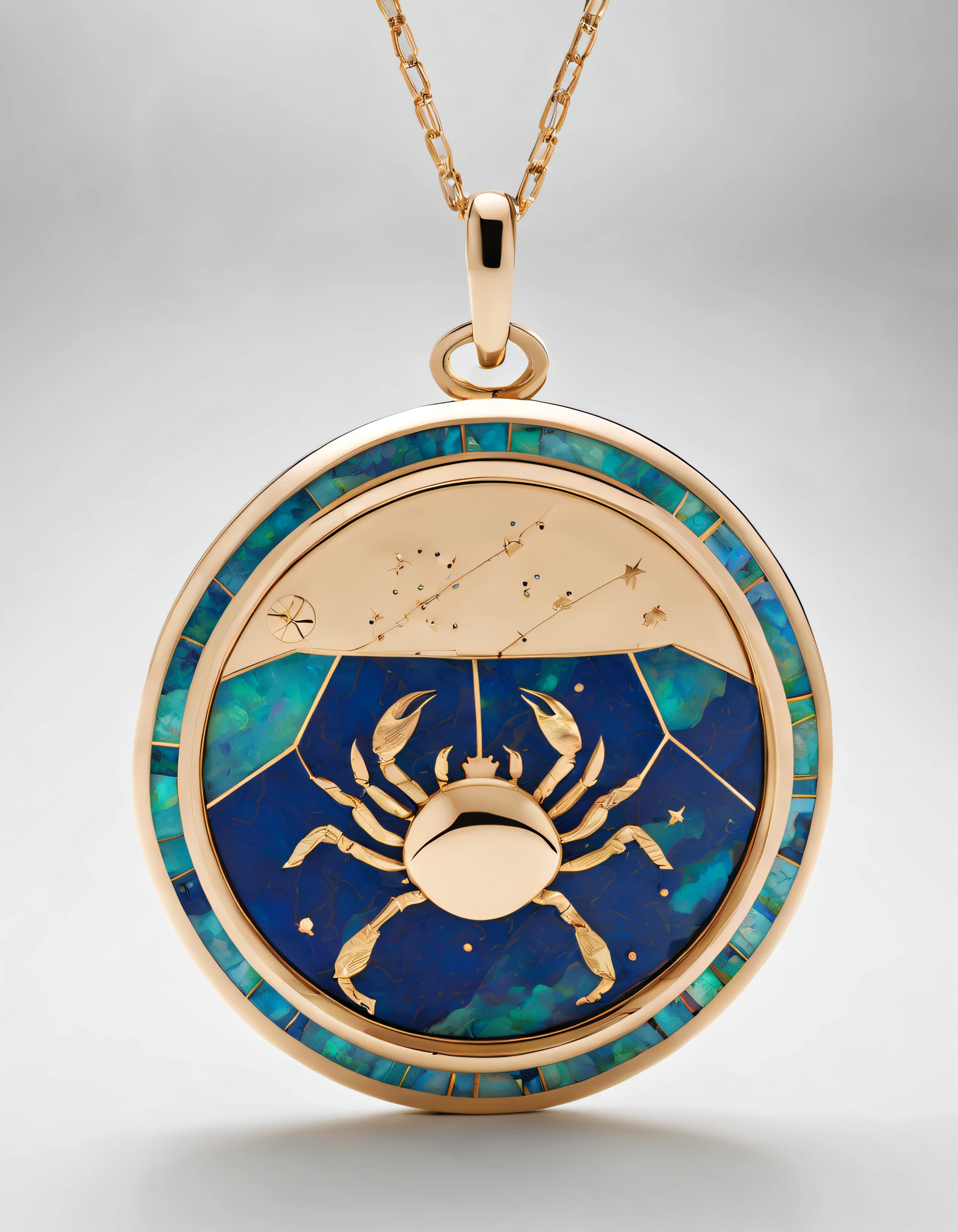 Item design, pendant design, logo design, (a round pendant), sense of technology, (only inlaid with a double opal ), black gold border, (inlaid with Cancer constellation symbol),(inlaid with small gold crabs),(engraved with English cindy xu on the side), lapis lazuka, turquoise, Van Cleary, Cartier,
Background: White,by John Pawson,by Zaha Hadid,extremely detailed, best quality, masterpiece, high resolution, Hyperrealistic, 8K, Loop lighting,Mediterranean style, Eclectic,