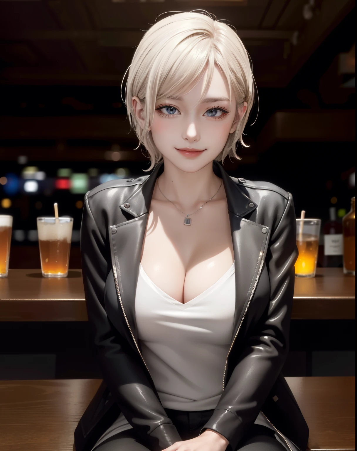 portrait photo of elexissinclaire wearing esjacket at a nightclub sitting at bar, wicked smile, (masterpiece) (best quality) (detailed) (8k) (HDR) (wallpaper) (cinematic lighting) (sharp focus) (intricate)