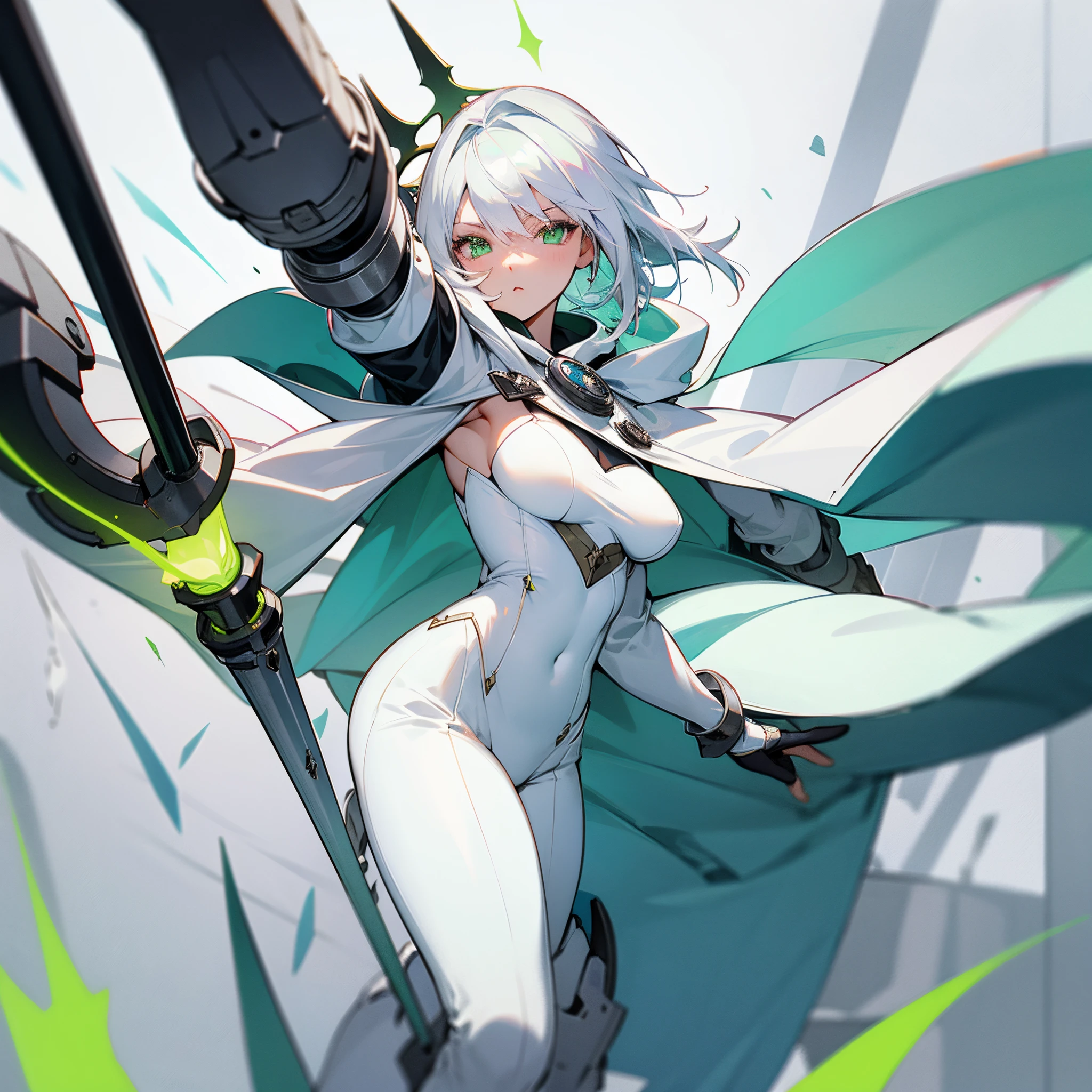 White hair, lime green eyes, white outfit with a cape and hoodie, black boots, beautiful female, b cup, heroic, excalibur in right hand