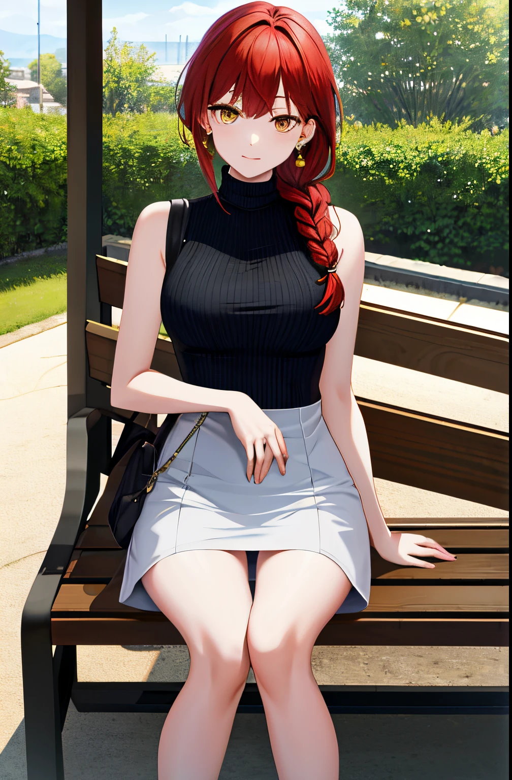 Masterpiece, best quality, high resolution, fiona1, spy × family, hair_over_one_eye, solo, earrings, tong, expressionless, sweater dress, turtleneck, sleeveless, outdoor, bench, red hair, braided hair, golden eyes, tong