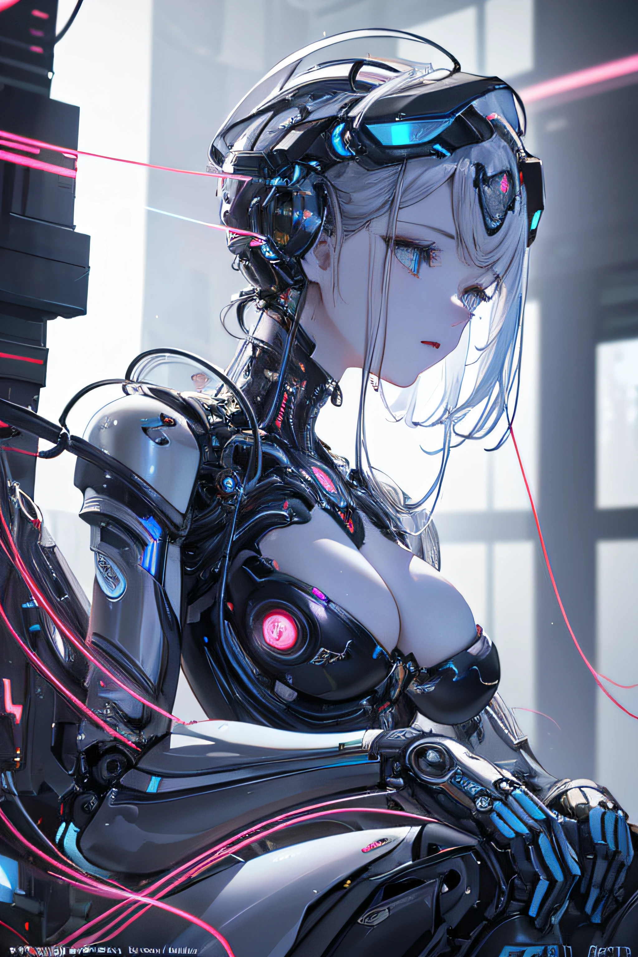 complex 3d render ultra detailed of a beautiful porcelain profile woman android face, cyborg, robotic parts, 150 mm, beautiful studio soft light, rim light, vibrant details, luxurious cyberpunk, lace, hyperrealistic, anatomical, facial muscles, cable electric wires, microchip, elegant, beautiful background, octane render, H. R. Giger style, 8k, best quality, masterpiece, illustration, an extremely delicate and beautiful, extremely detailed ,CG ,unity ,wallpaper, (realistic, photo-realistic:1.37),Amazing, finely detail, masterpiece,best quality,official art, extremely detailed CG unity 8k wallpaper, absurdres, incredibly absurdres, robot, silver halmet, full body, sitting