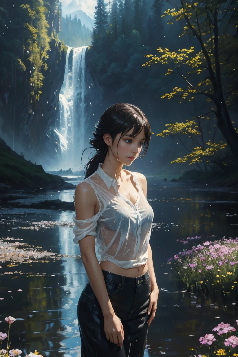The best picture quality, masterpiece, extra high resolution, (accuracy: 1,4), photo, 1 beautiful girl, an ideal anatomy, finely Detailed and beautiful face, Field of flowers, white shirt, standing in the rain, (ripped clothes: 1,5), (wet clothing: 1,4), bare shoulders, real rain, (wet hair) joying, happiness, laughter, Cinematic, tear, dreamlike lighting, water cascading, golden ratio, fake detail, trending, acrylic palette knife, style of makoto shinkai studio,greg rutkowski award - winning photograph, masterpiece, oil on canvas, ((oil painting)), ((visible strokes)), ((Impressionist painting)), raphael, caravaggio, greg rutkowski, beeple, beksinski
