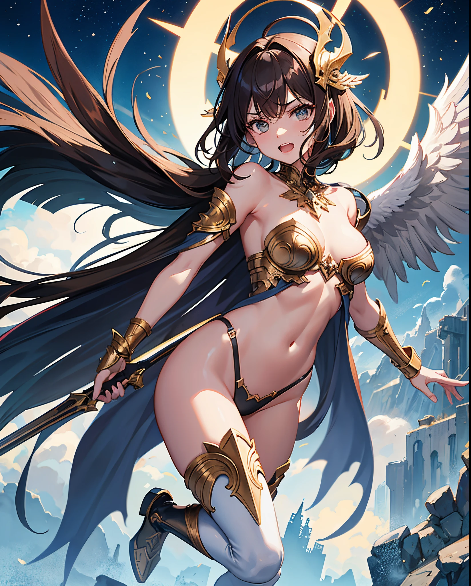 fantasy, 1angel_girl,child, ,brown_hair, medium_bob_hair, long_bangs, halo,bare_shoulder,thighhighs,silver_armor, waist_armor, large_breasts,angry,grinning,open_mouth_teeth, 1pair_wings, dynamic_pose_fighting,floating, bare_crotch, headgear,gauntlet, greaves,city_sky_background,slightly_spread_legs, solo, groin_naked,dark_skin,