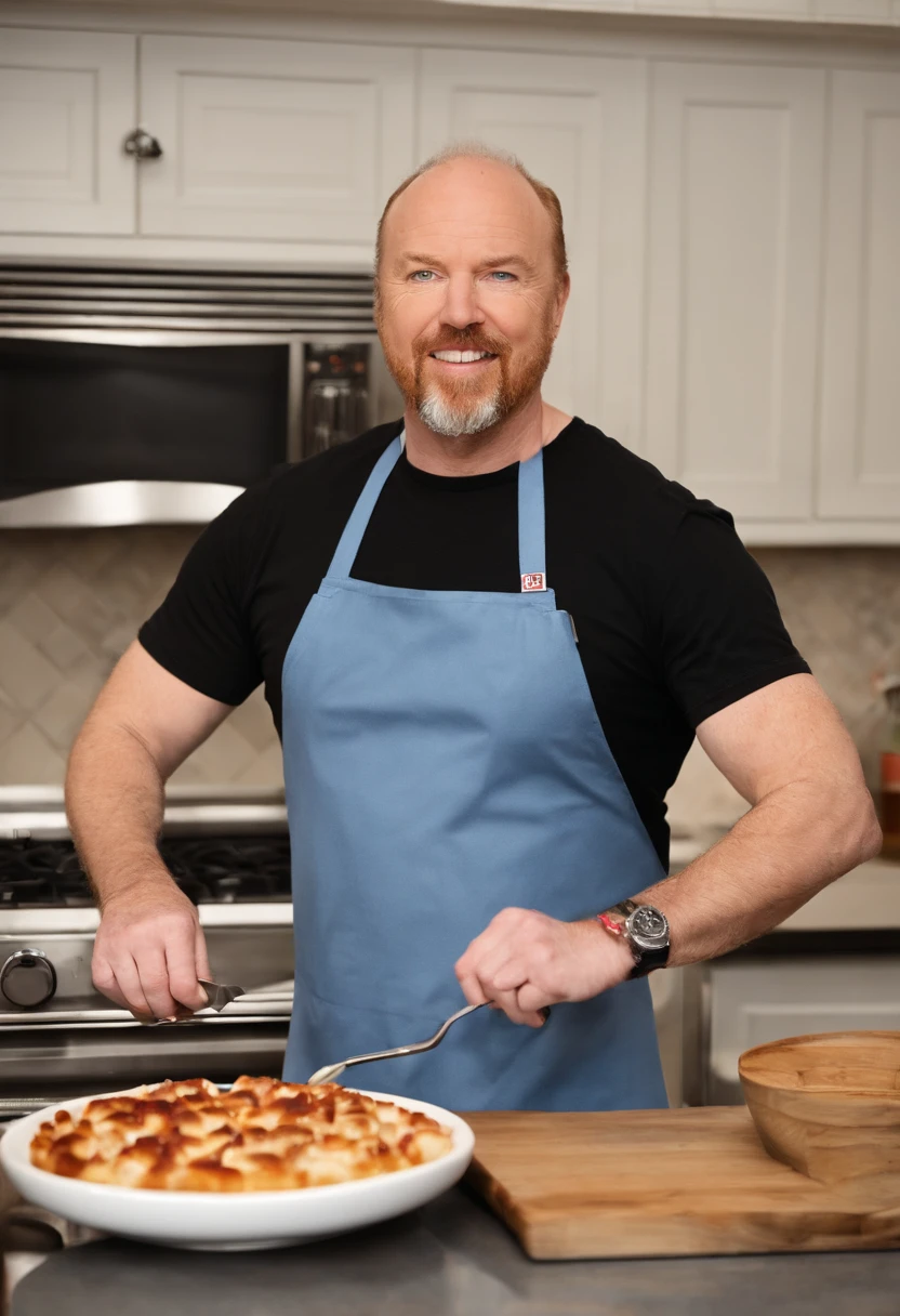 A photo of me participating in a live cooking class, attempting to flambe a dessert with a determined look on my face.,stand-up comedy and television,Louis CK, a prominent figure in stand-up comedy and television, is known for his everyman appearance, often sporting a casual, unassuming look with plain black or navy t-shirts paired with jeans. He has a balding head, a fair complexion, and typically presents a somewhat disheveled, unpolished appearance, embodying the persona of an average middle-aged man.