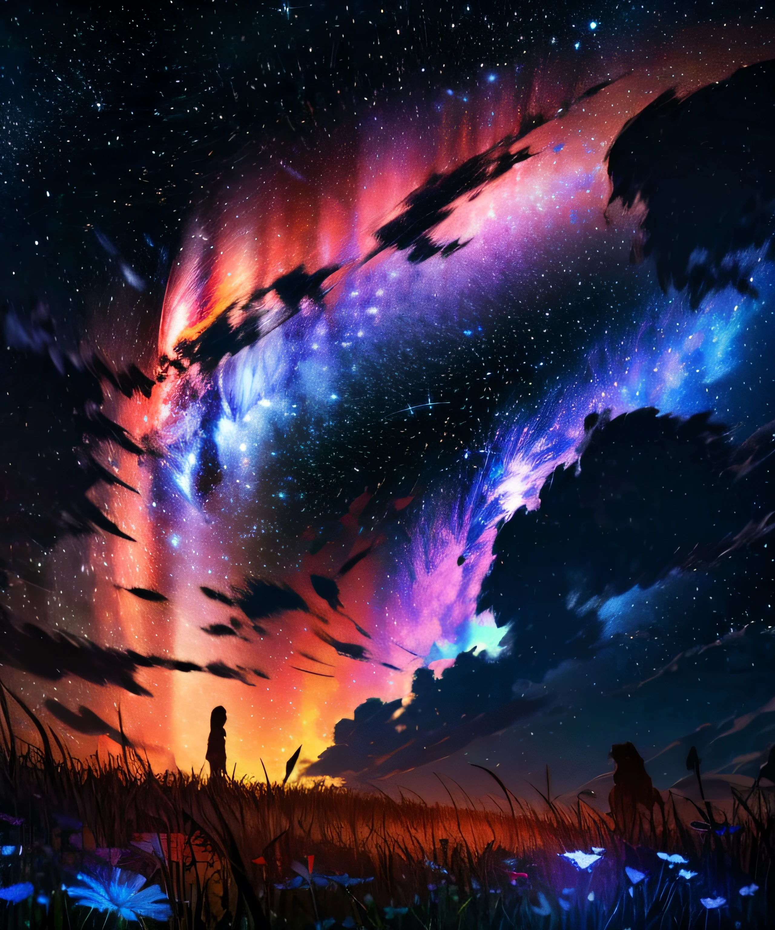 Describe a scene where a cute girl character is lying on a grassy hill, Looking up at the starry sky. Surround her with colorful nebulae and her favorite constellations.