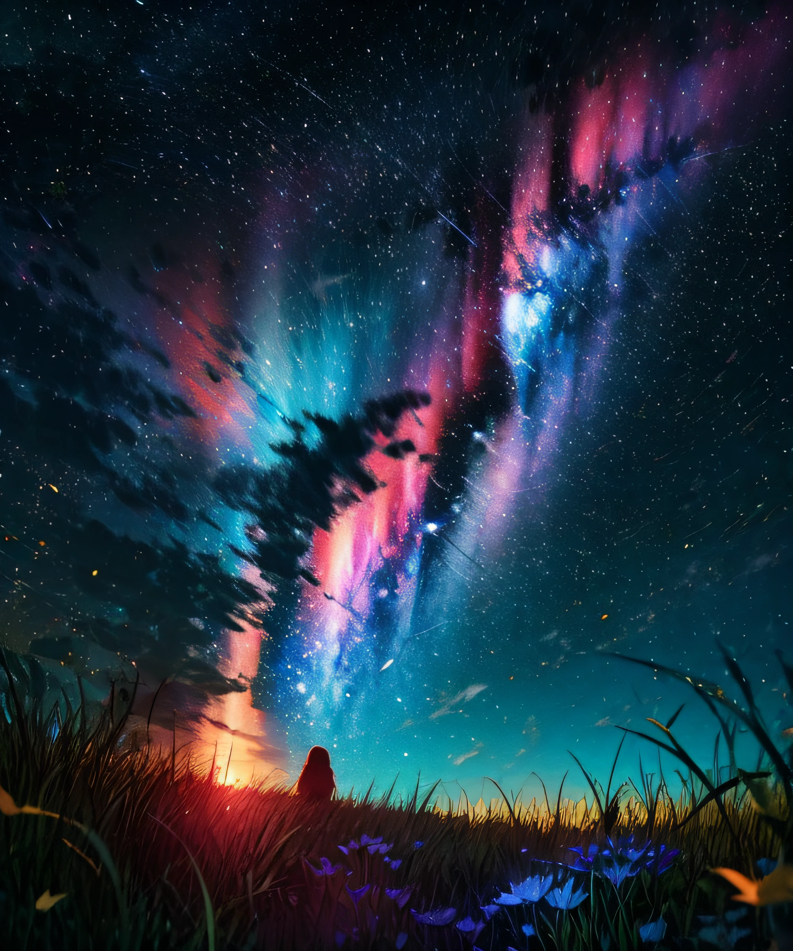 Describe a scene where a cute girl character is lying on a grassy hill, Looking up at the starry sky. Surround her with colorful nebulae and her favorite constellations.