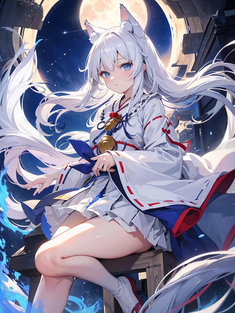 Highest Quality, White hair, Long hair, Blue eyes, (shrine maiden clothe:1.2), Wolf ears, Wolf's tail, Big Full Moon in the Night Sky, blue flames