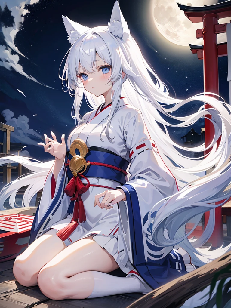 Highest Quality, White hair, Long hair, Blue eyes, (shrine maiden clothe:1.2), Wolf ears, Wolf's tail, Big Full Moon in the Night Sky, blue flames
